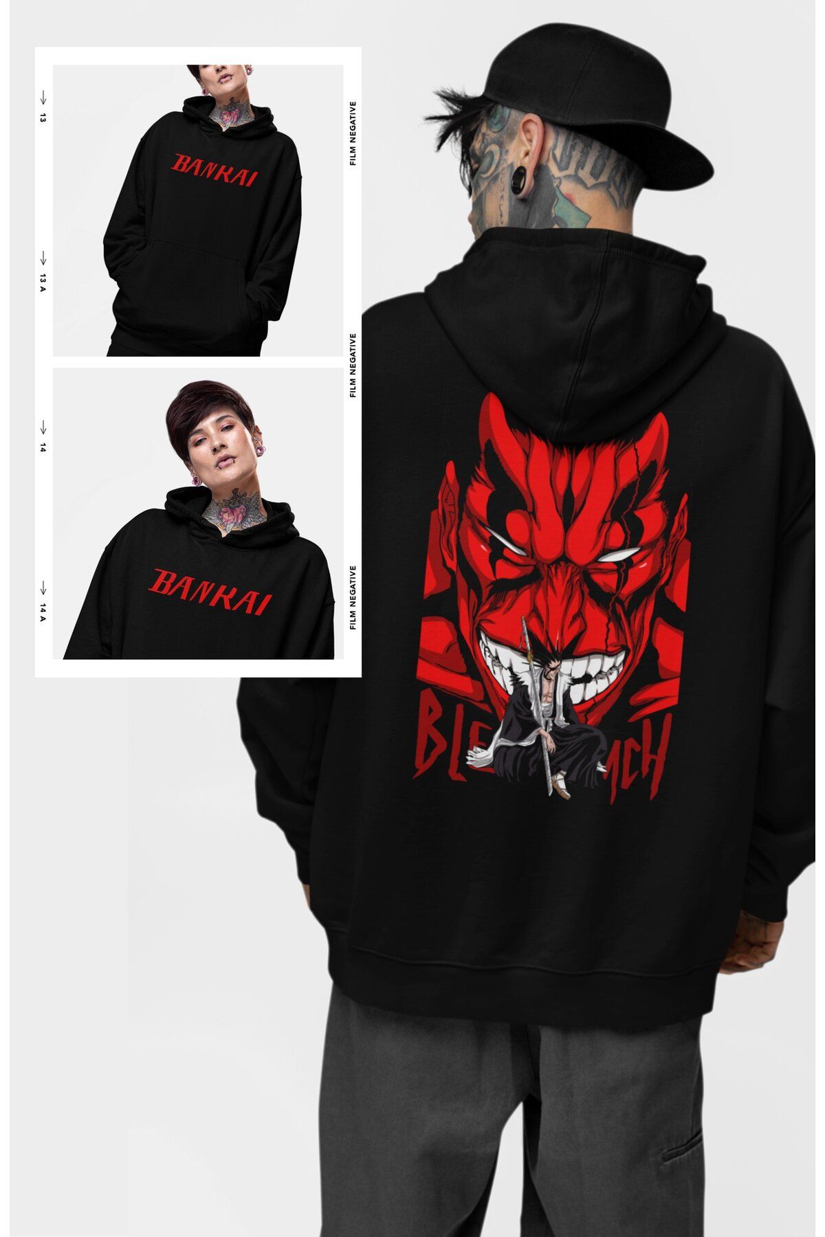 Fuddy Moda Oversize Bankai Zaraki Kenpachi Sırt Baskılı Kapüşonlu Sweatshirt,Unisex Bleach Anime Temalı Hoodie