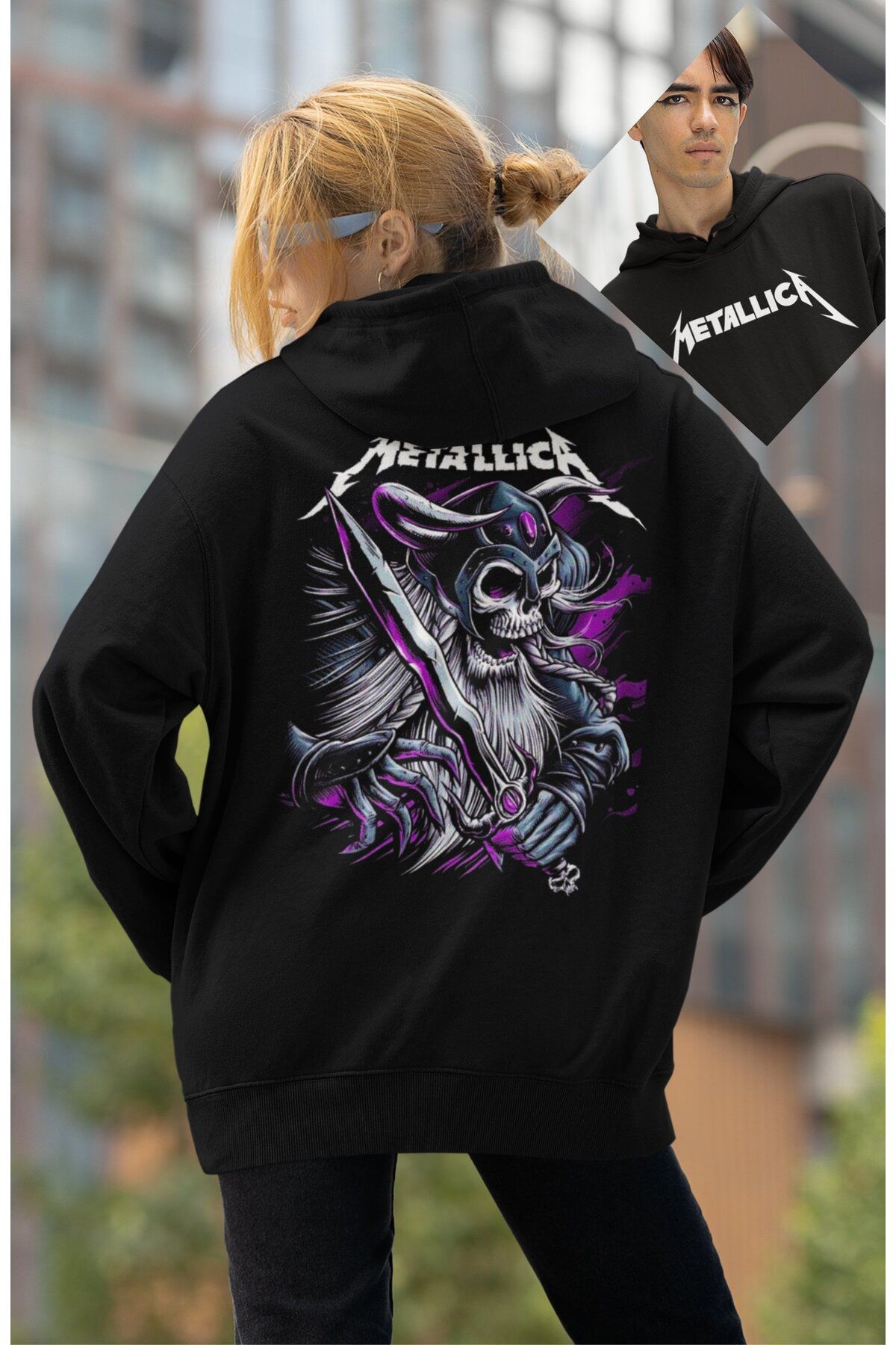 Fuddy Moda Unisex Metallica Kılıçlı İskelet Sırt Baskılı Kapüşonlu Sweatshirt, Oversize Rock Band Baskılı Hood