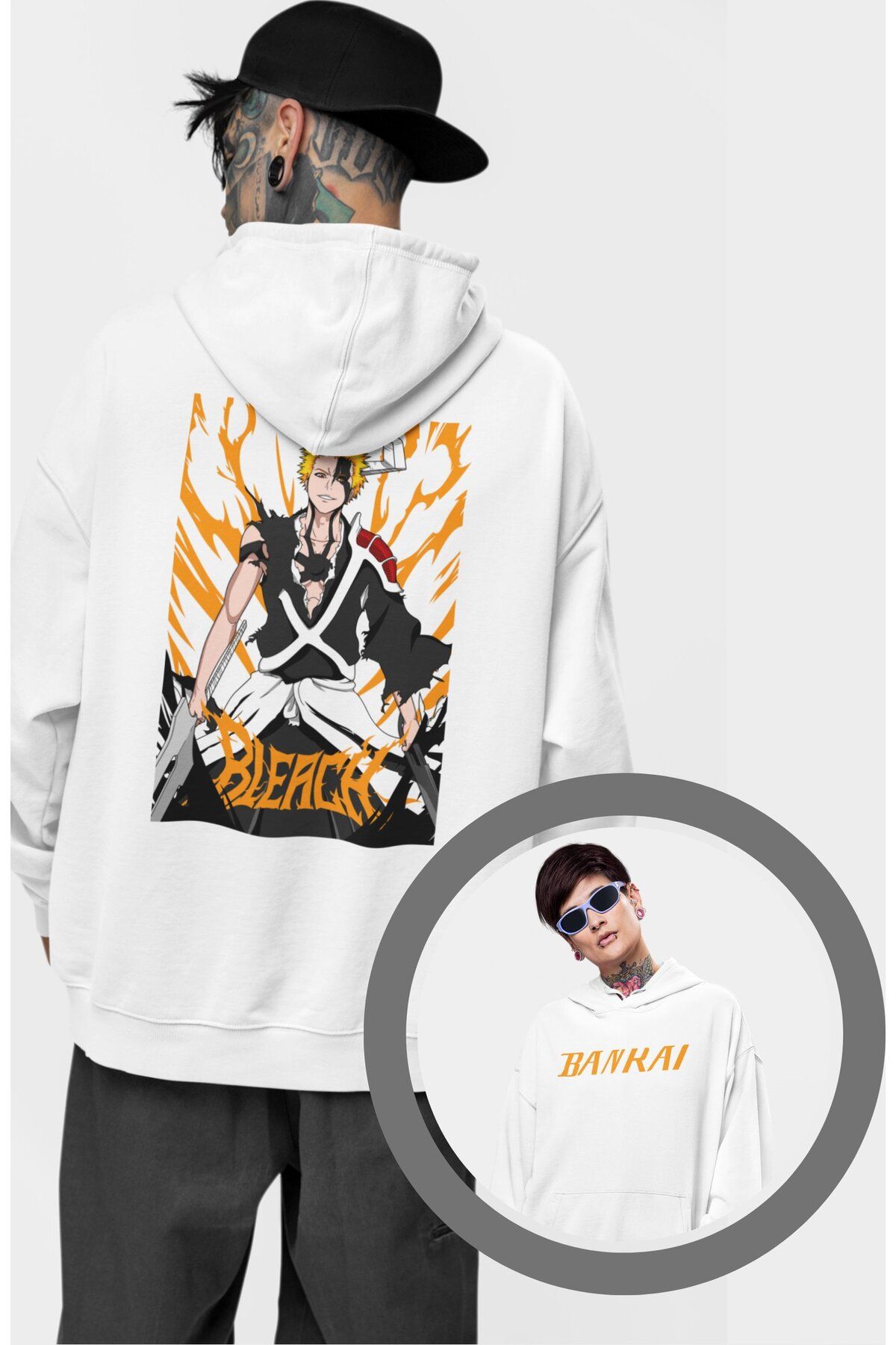 Fuddy Moda Oversize Bleach Ichigo Kurosaki Sırt Baskılı Kapüşonlu Sweatshirt, Unisex Anime Temalı Hoodie