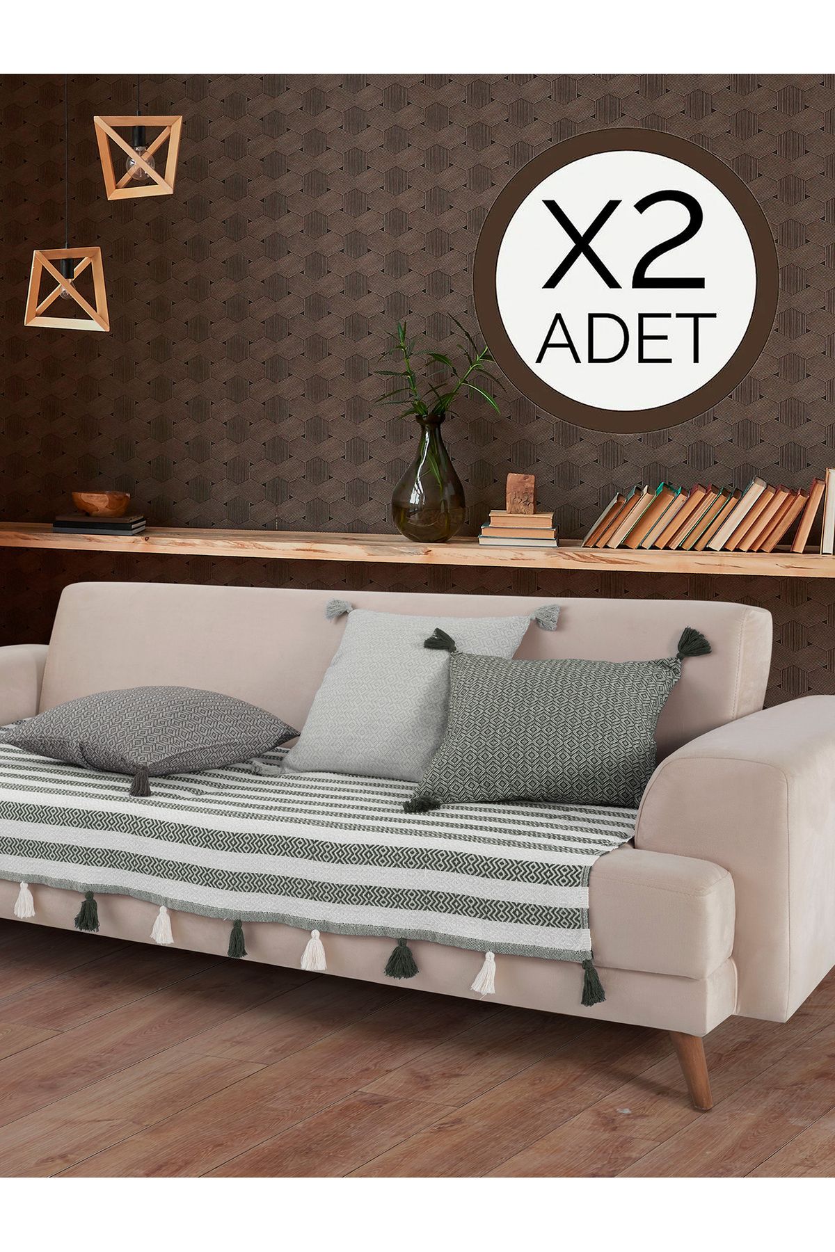 Lux Touch Liva Ponponlu Haki 2 Adet Koltuk Örtüsü 115x200 Cm Kanepe Divan Çekyat Berjer Örtüsü Püsküllü