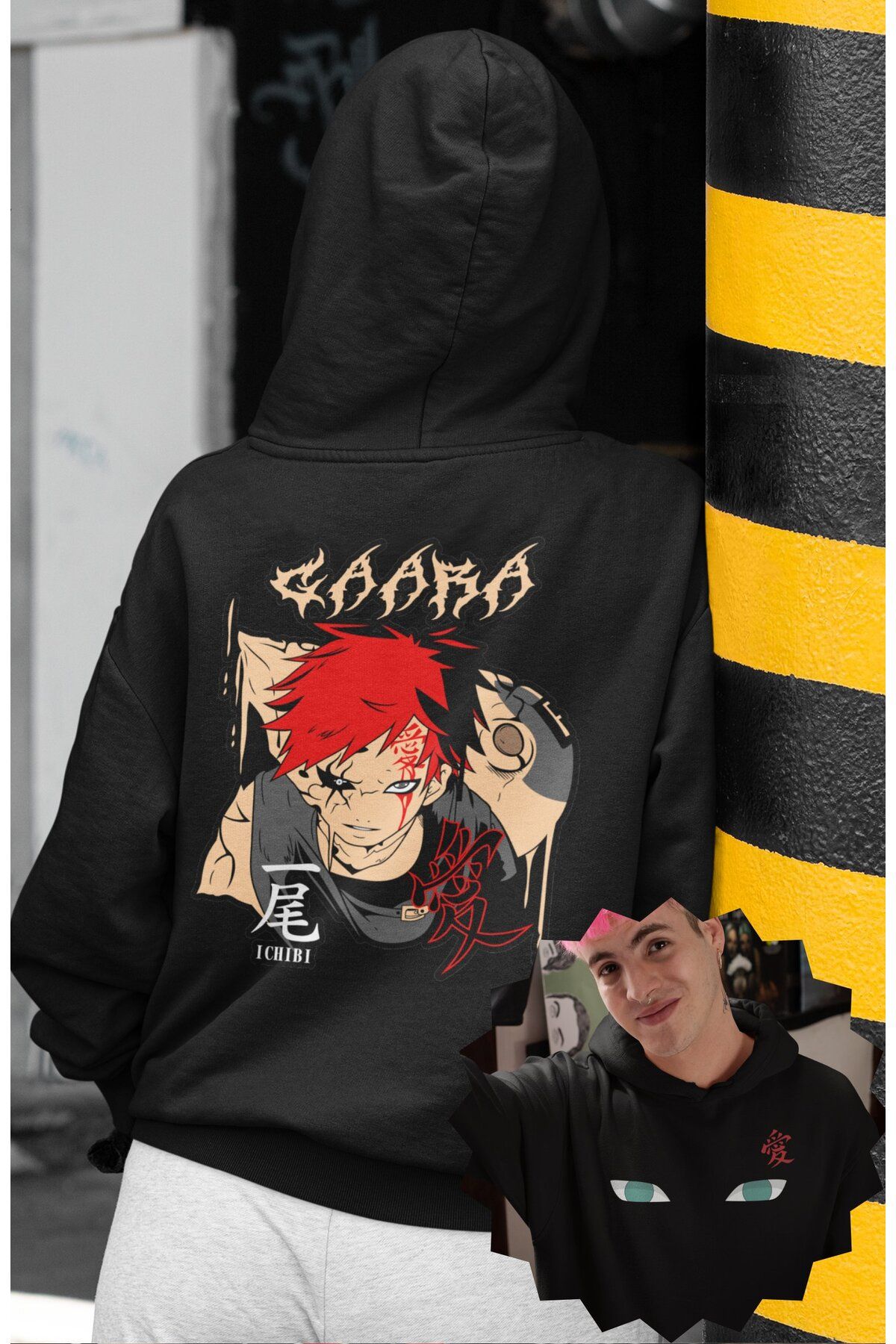 Fuddy Moda Oversize Gaara Sırt Baskılı Kapüşonlu Sweatshirt, Unisex Naruto Anime Temalı Hoodie