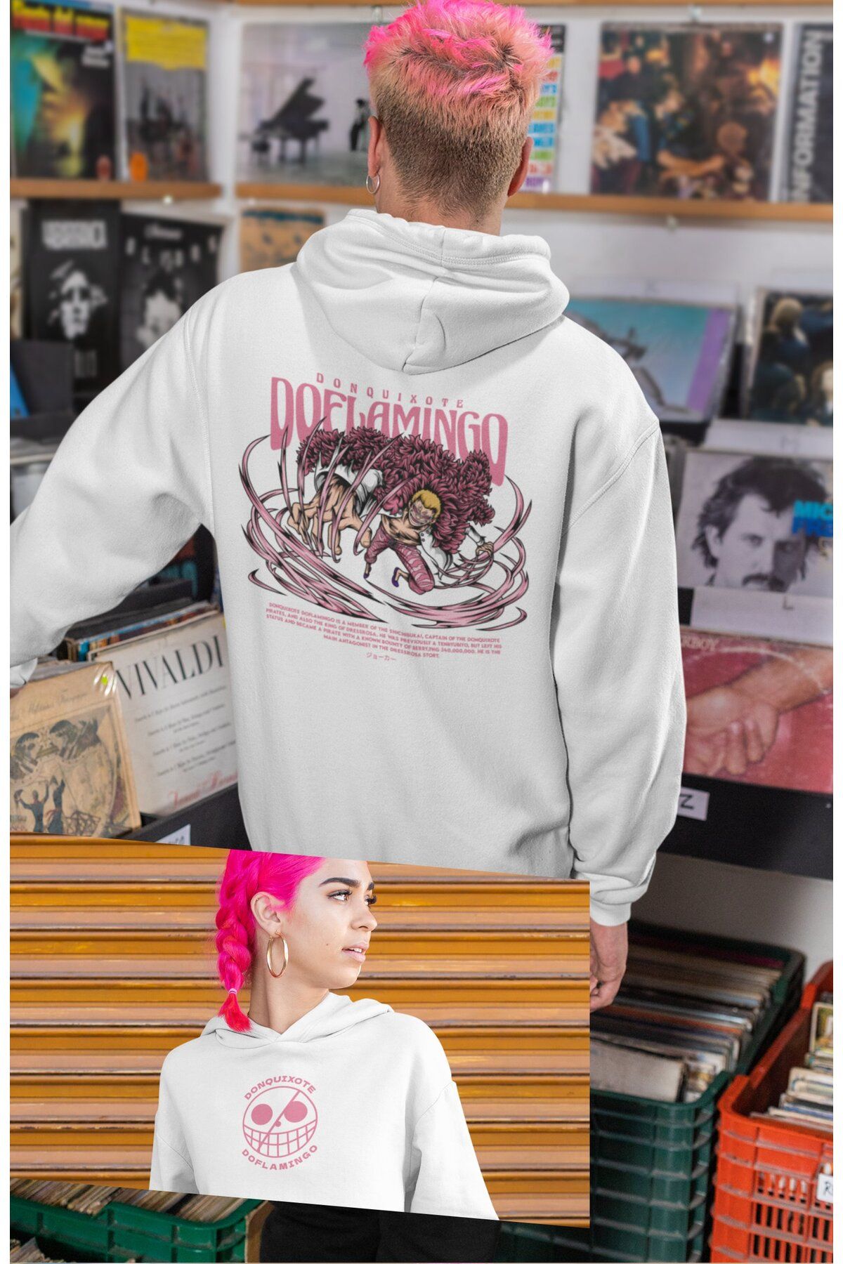 Fuddy Moda Oversize Donquıxote Doflamingo Sırt Baskılı Kapüşonlu Sweatshirt, Unisex One Piece Anime Hoodie