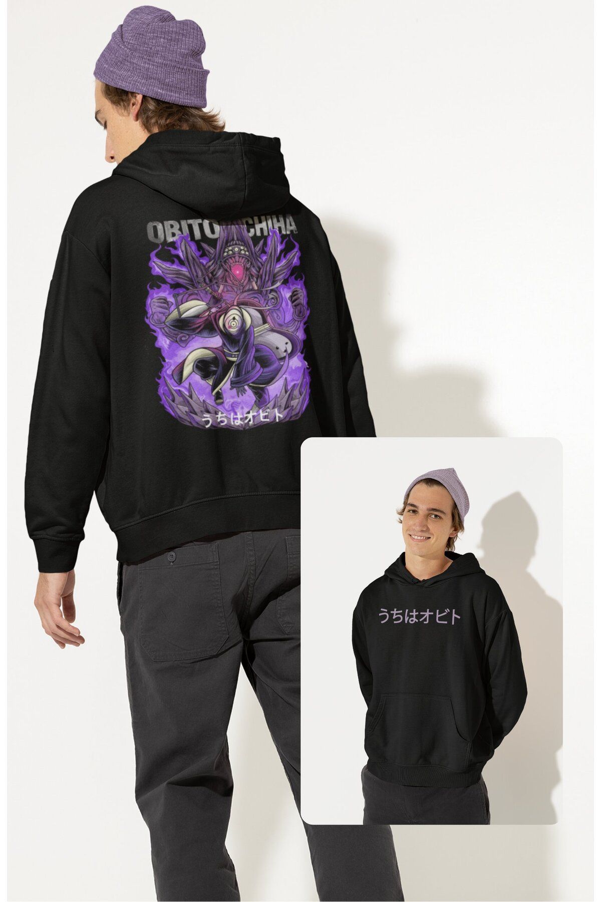 Fuddy Moda Oversize Obito Uchiha Sırt Baskılı Kapüşonlu Sweatshirt, Unisex Naruto Anime Temalı Hoodie