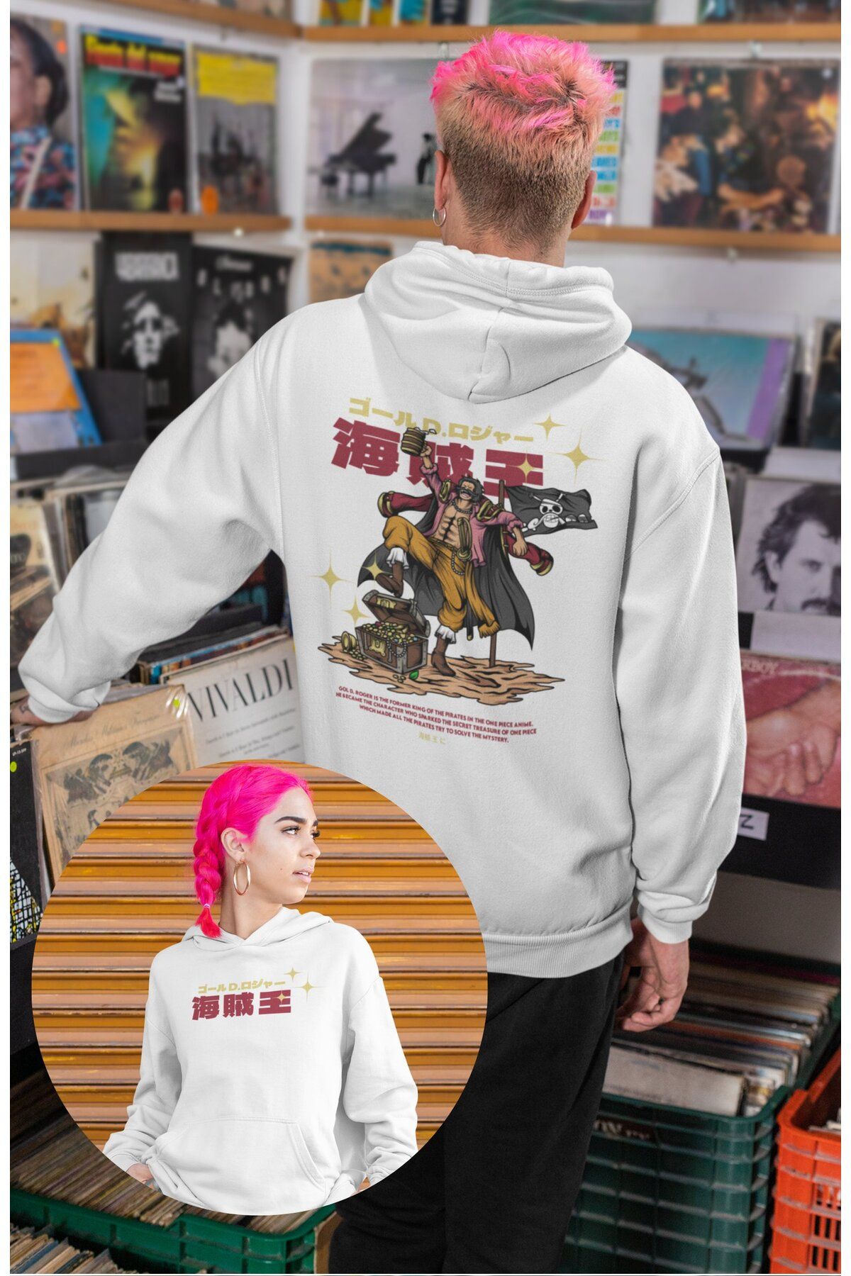 Fuddy Moda Oversize Gol D. Roger Sırt Baskılı Kapüşonlu Sweatshirt, Unisex One Piece Temalı Anime Hoodie