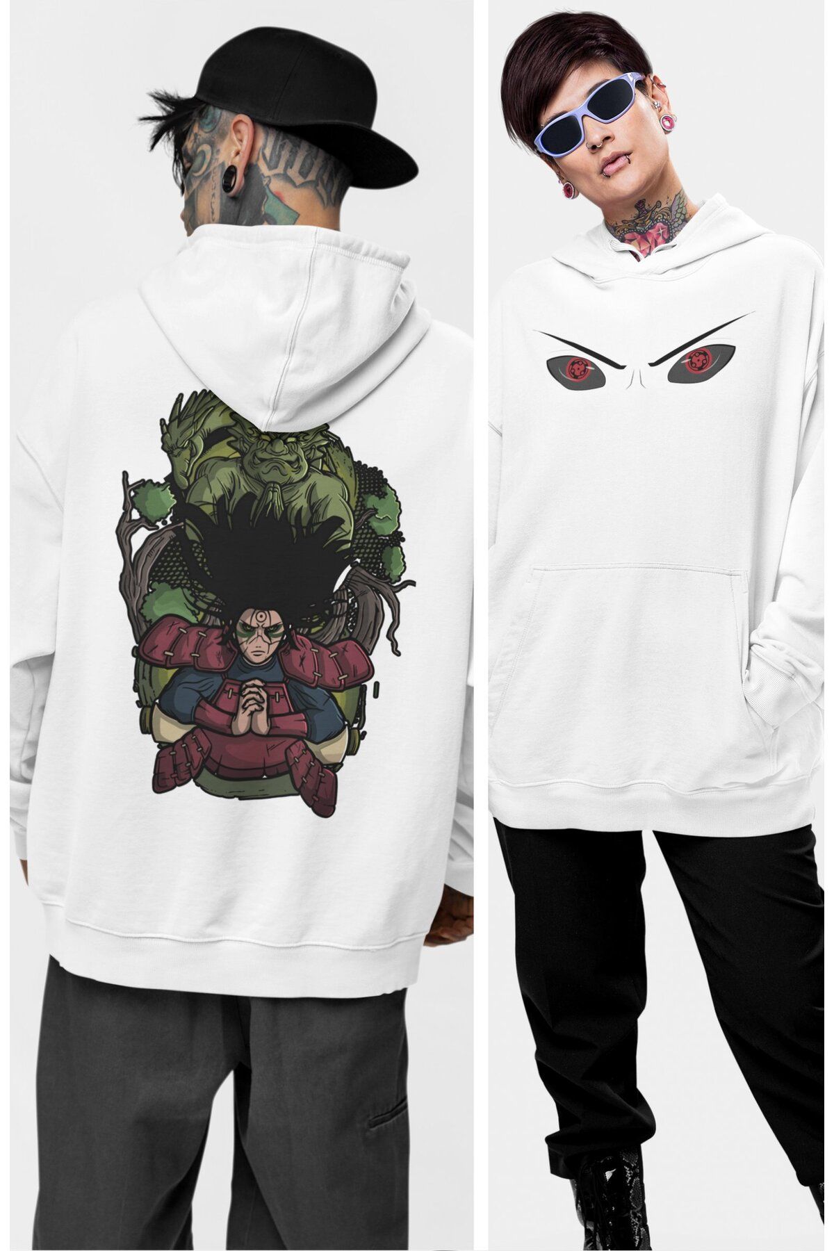 Fuddy Moda Oversize Uchiha Madara Eye Sırt Baskılı Kapüşonlu Sweatshirt, Unisex Naruto Anime Temalı Hoodie