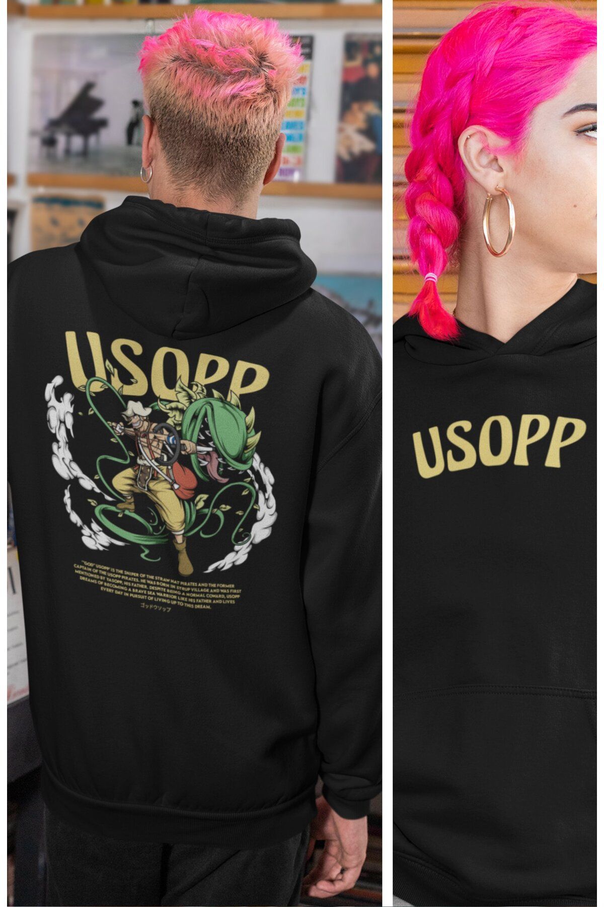 Fuddy Moda Oversize Usopp Sırt Baskılı Kapüşonlu Sweatshirt, Unisex One Piece Temalı Anime Hoodie