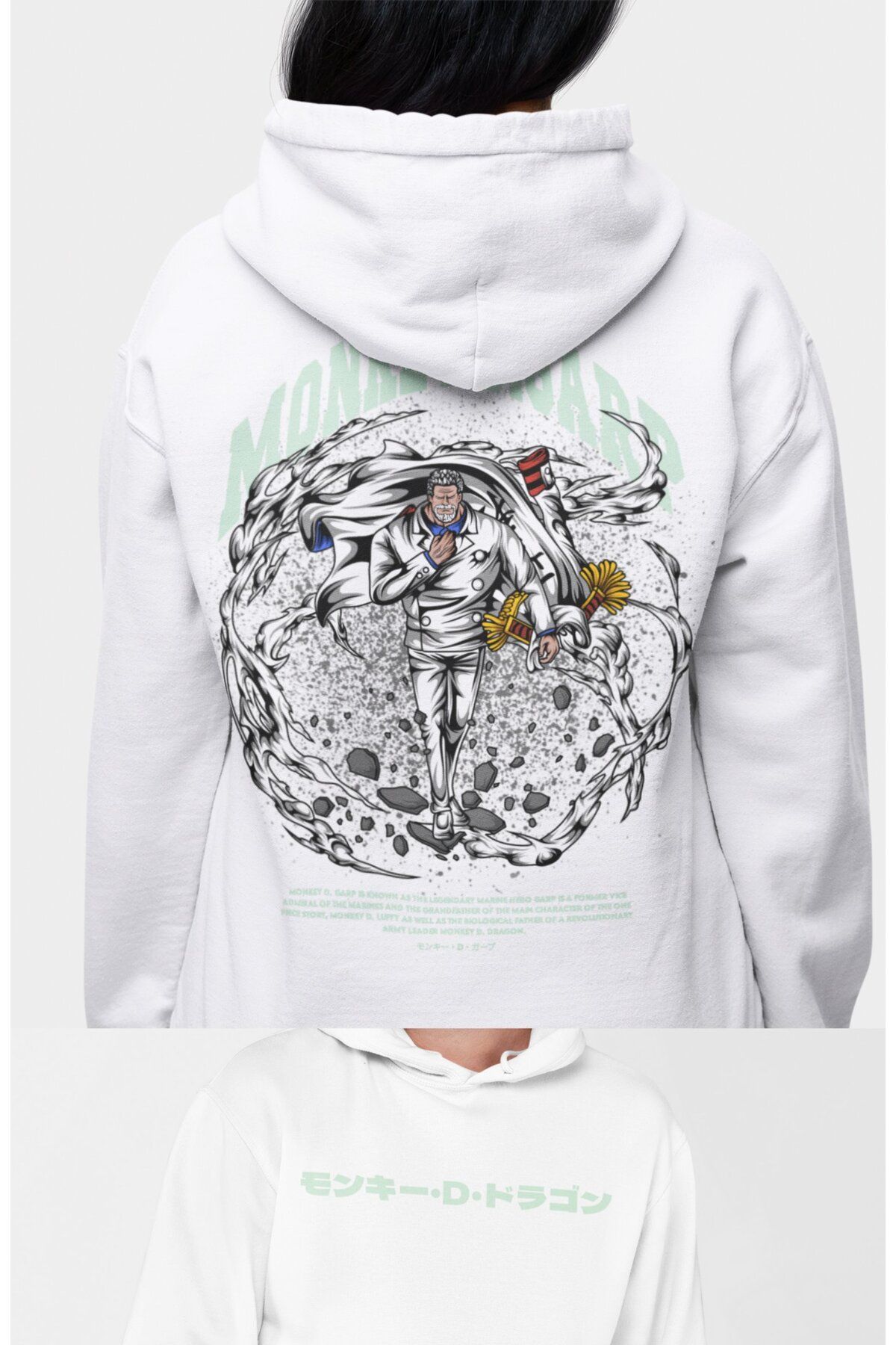 Fuddy Moda Oversize Monkey D. Garp Sırt Baskılı Kapüşonlu Sweatshirt, Unisex One Piece Temalı Anime Hoodie