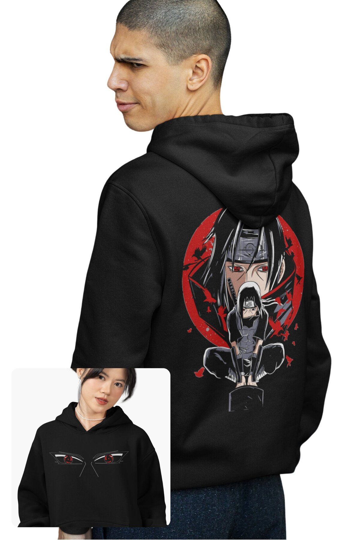 Fuddy Moda Oversize Naruto Itachi Uchiha Sırt Baskılı Kapüşonlu Sweatshirt, Unisex Anime Temalı Hoodie