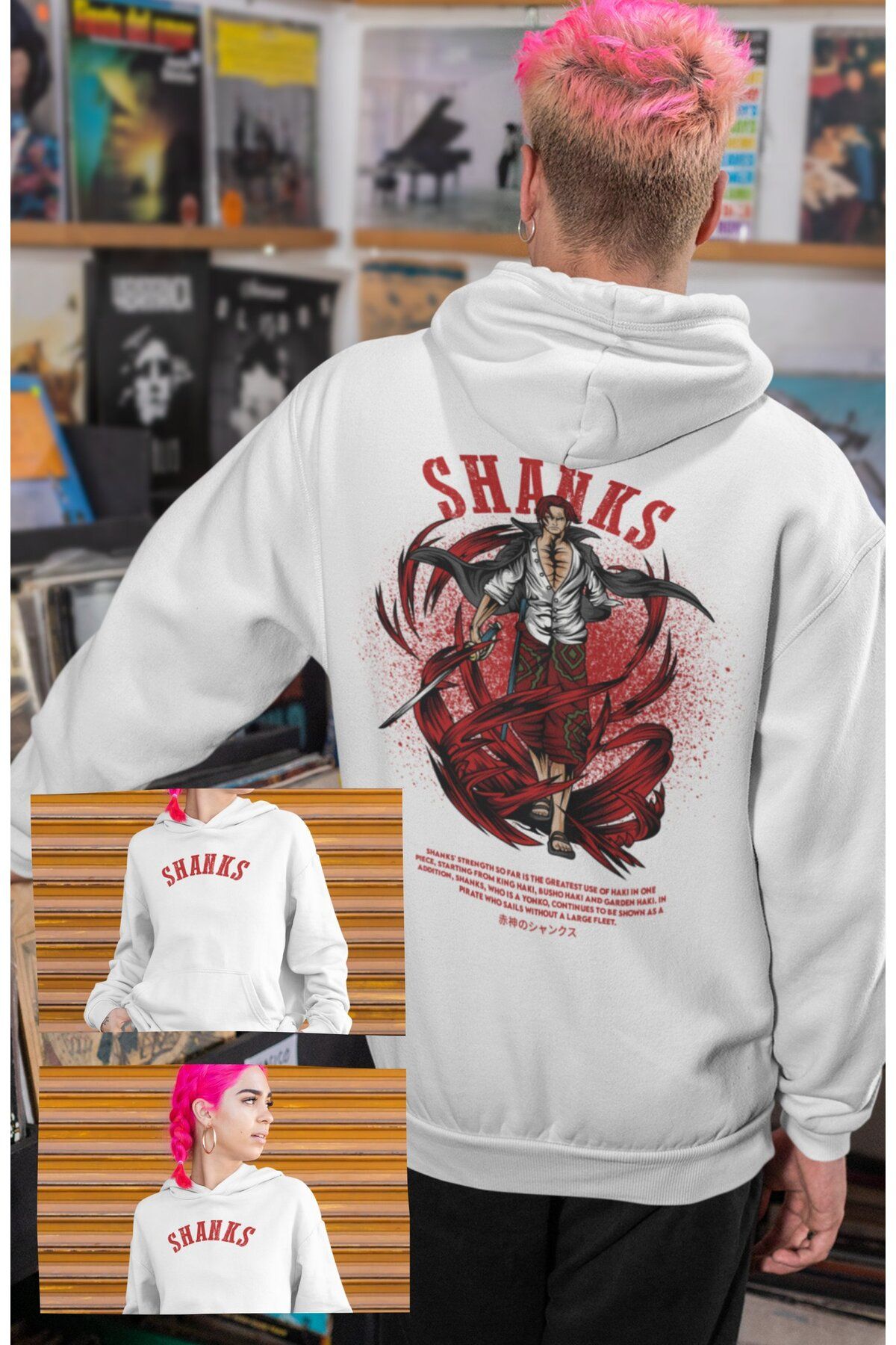 Fuddy Moda Oversize Shanks Sırt Baskılı Kapüşonlu Sweatshirt, Unisex One Piece Temalı Anime Hoodie