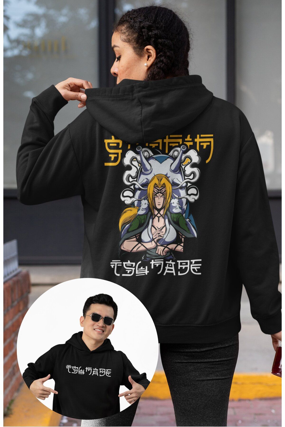 Fuddy Moda Oversize Tsunade Senju Sırt Baskılı Kapüşonlu Sweatshirt, Unisex Naruto Anime Temalı Hoodie