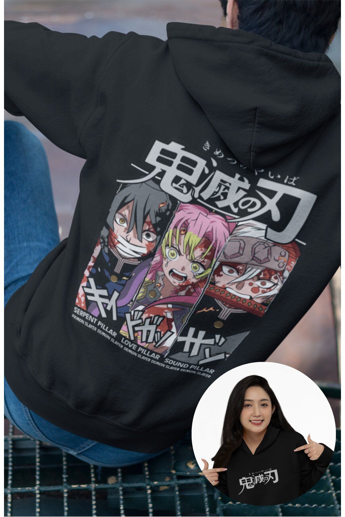 Fuddy Moda Oversize DS Hashiramas Sırt Baskılı Kapüşonlu Sweatshirt, Unisex Demon Slayer Anime Temalı Hoodie