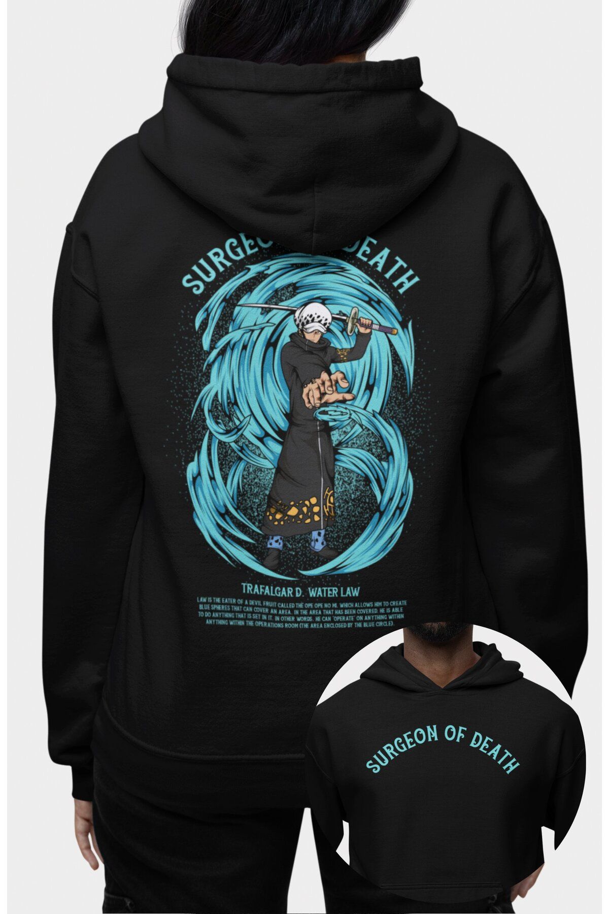 Fuddy Moda Oversize Trafalgar Water Law Sırt Baskılı Kapüşonlu Sweatshirt,Unisex One Piece Temalı Anime Hoodie