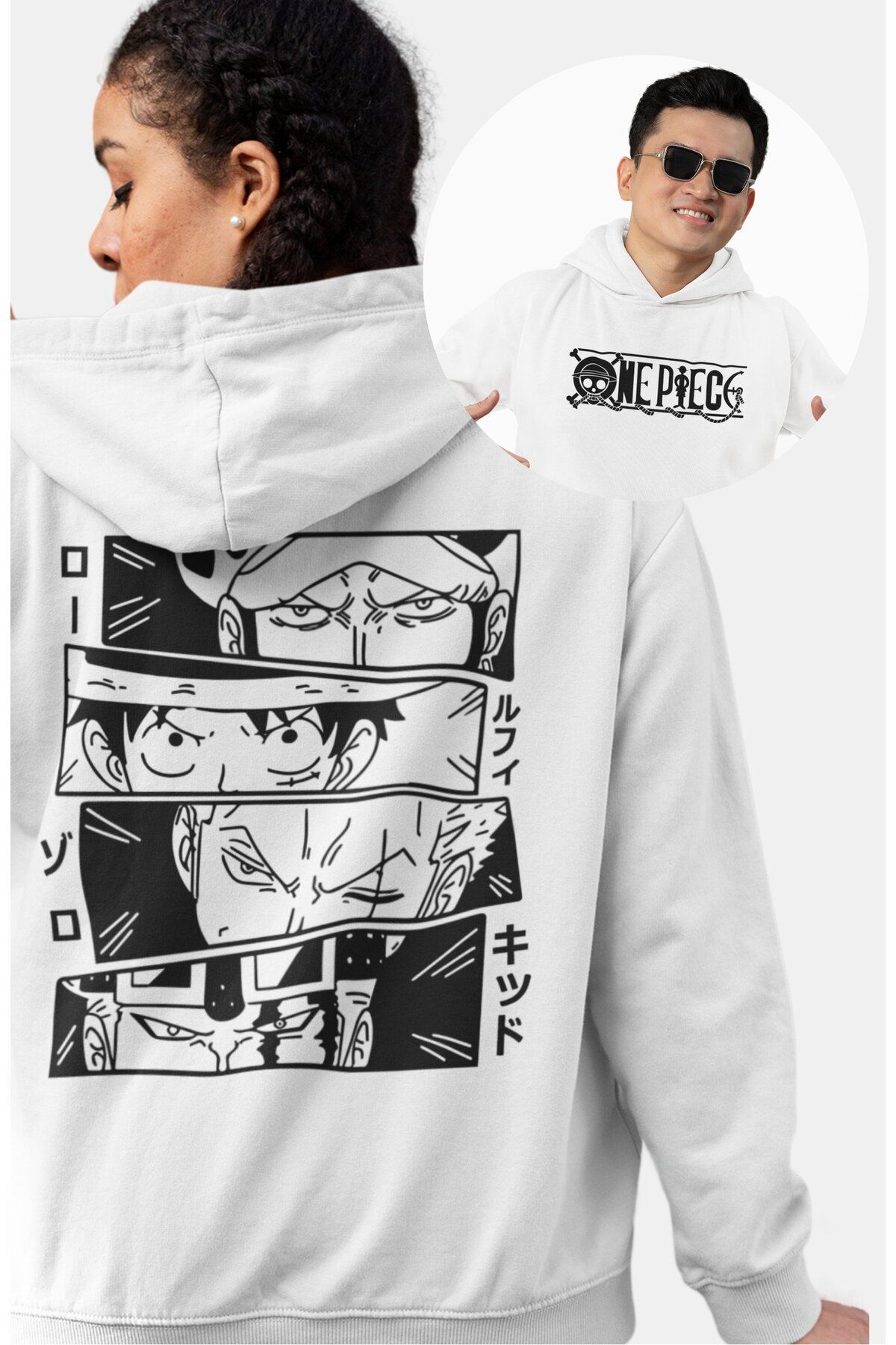 Fuddy Moda Oversize One Piece Karakterleri Sırt Baskılı Kapüşonlu Sweatshirt, Unisex Anime Temalı Hoodie