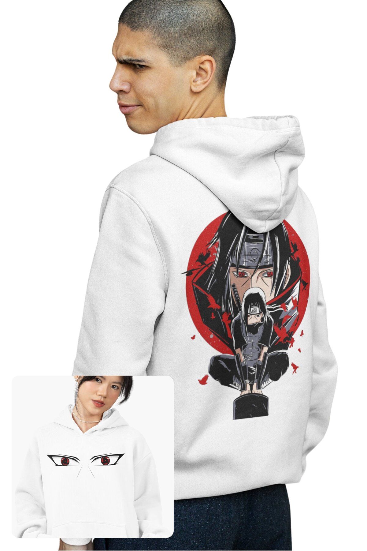 Fuddy Moda Oversize Naruto Itachi Uchiha Sırt Baskılı Kapüşonlu Sweatshirt, Unisex Anime Temalı Hoodie