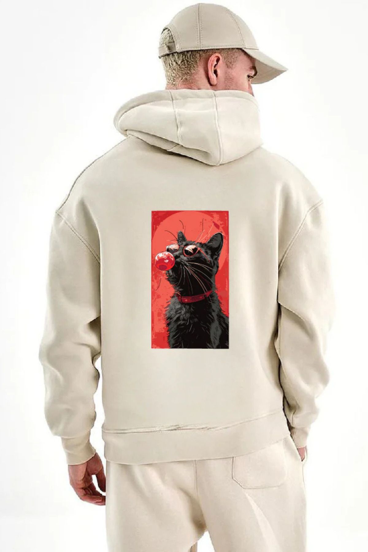 FECCY Pamuklu Havalı Kedi Baskılı Kapüşonlu Sweatshirt Hoodie