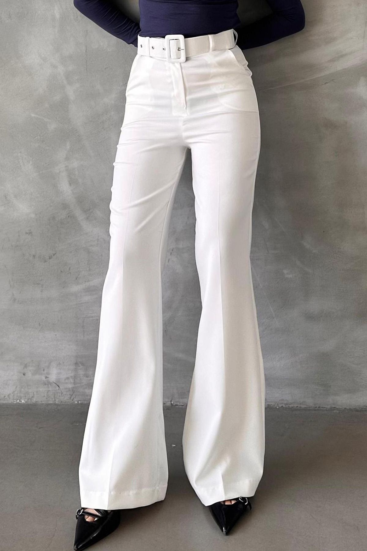 Madmext-White Spanish Leg Women's Fabric Pants Mg2303 5