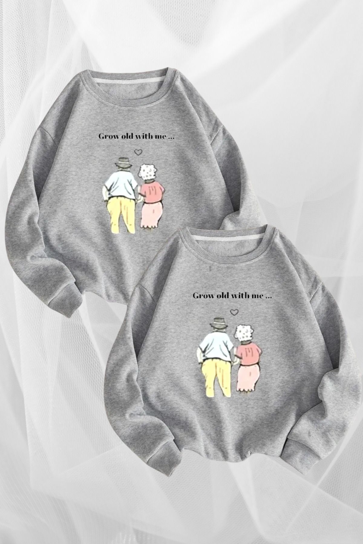 FECCY Pamuklu Grow Old With Me Sevgili Çift Kombin - Baskılı Oversize Bisiklet Yaka Sweatshirt