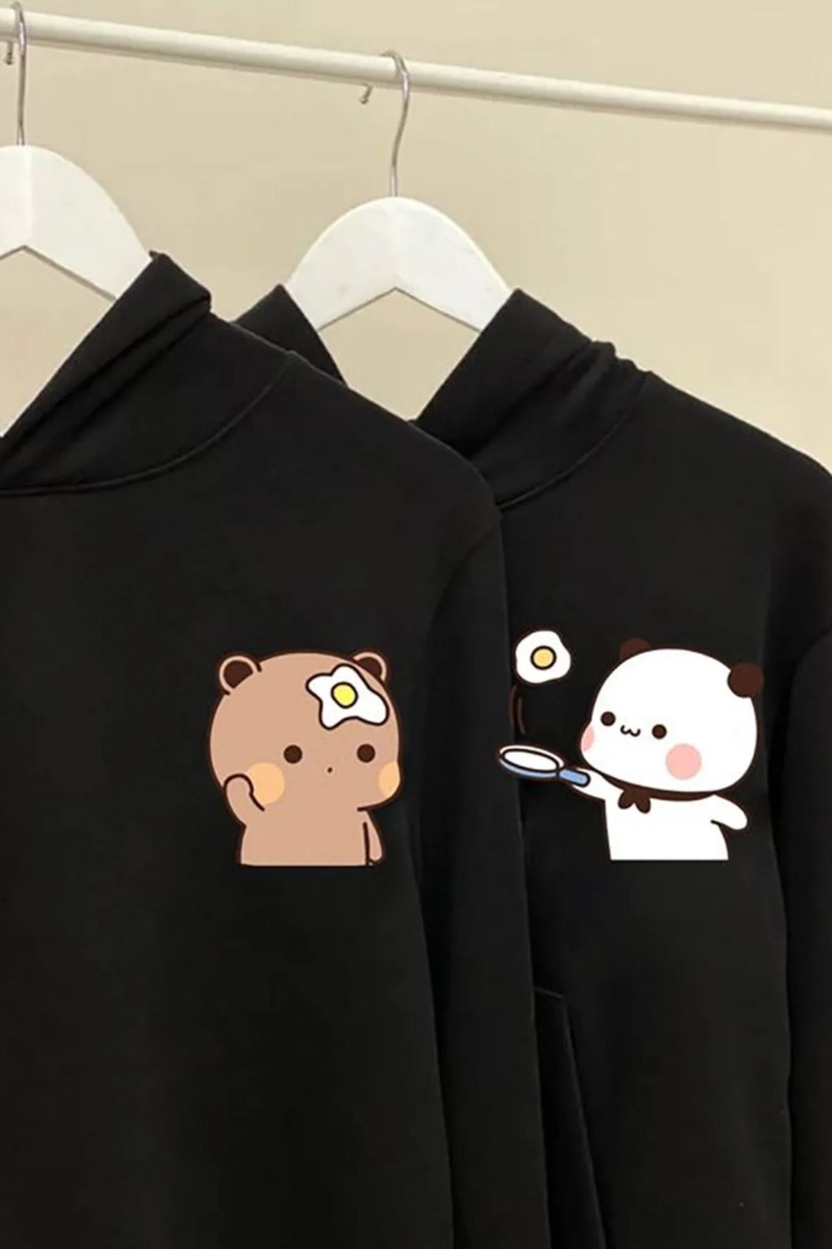 Wish BF Bubu Dudu Şef Sevgili Çift Kombin Sweatshirt - Siyah Baskılı Oversize Kapüşonlu