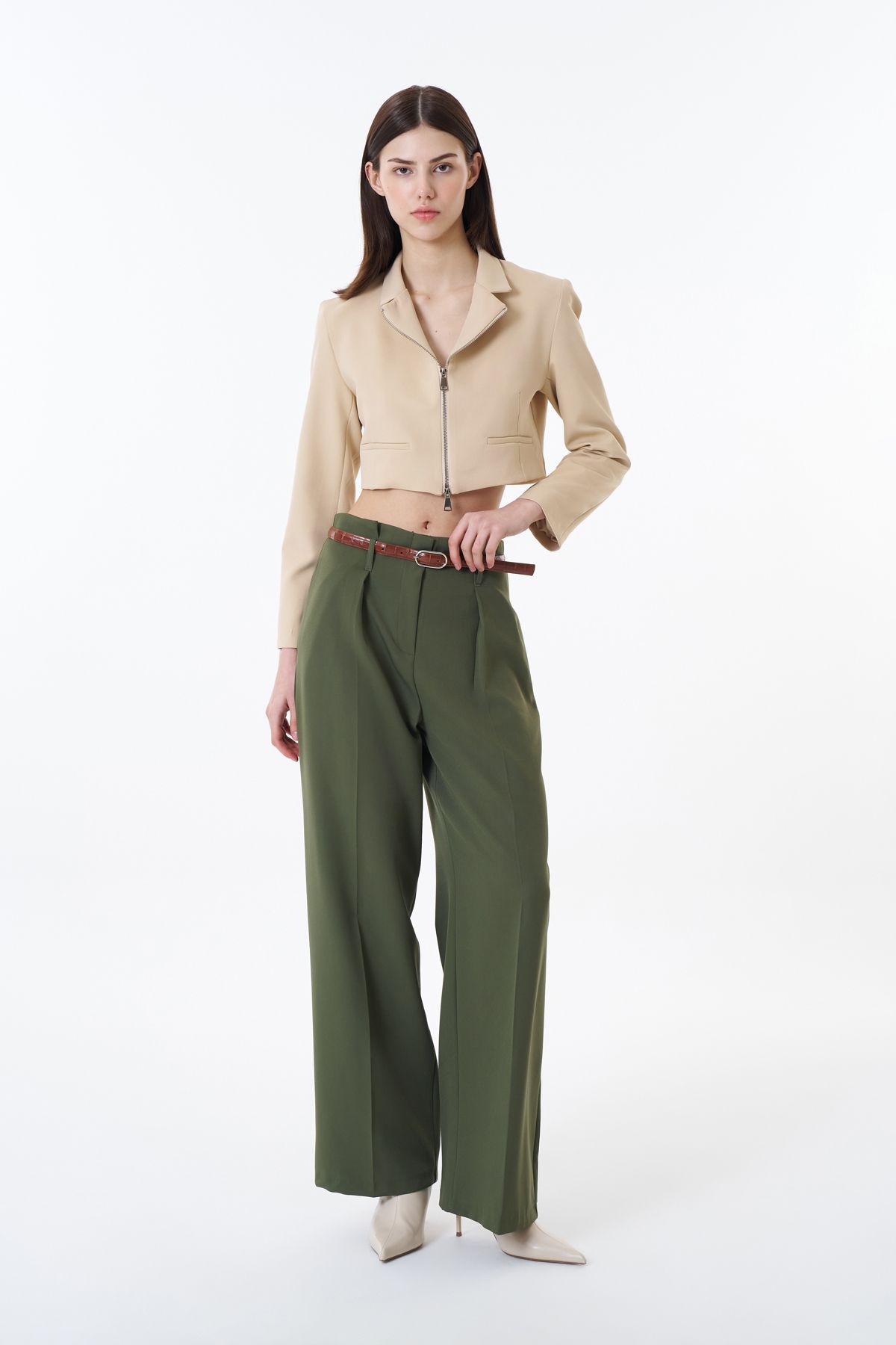 Quzu-Wide Leg Khaki Pants with High Waist and Belt Detail 3