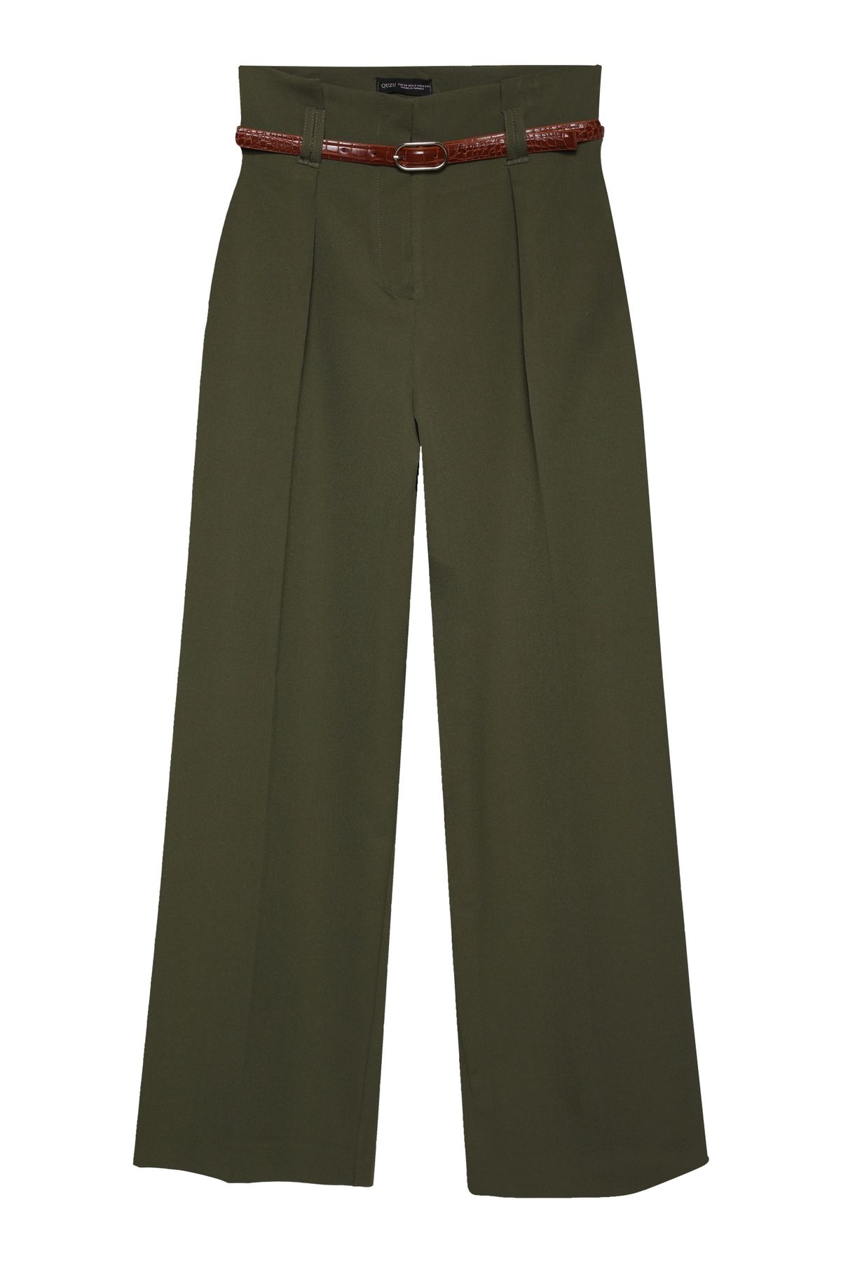 Quzu-Wide Leg Khaki Pants with High Waist and Belt Detail 2