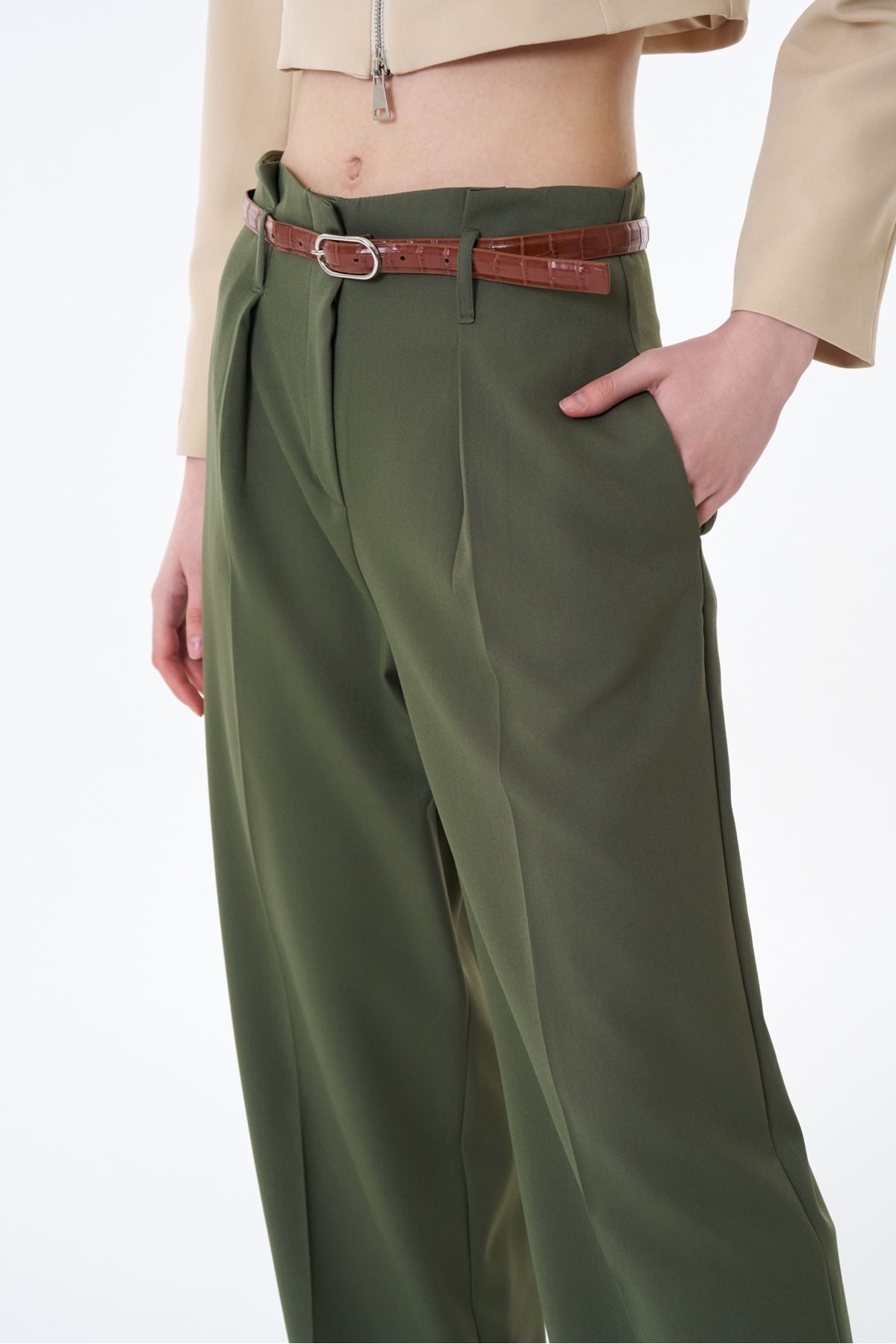 Quzu-Wide Leg Khaki Pants with High Waist and Belt Detail 4