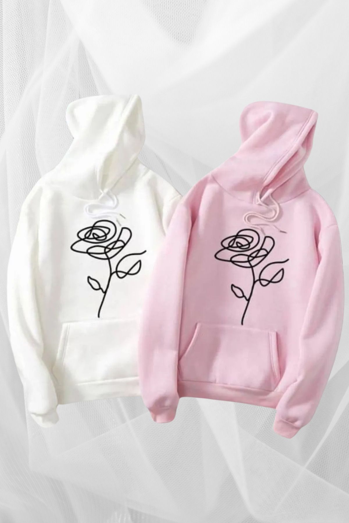 FECCY Pamuklu Kadın Erkek Beyaz ve Pembe Gül Baskılı Kapüşonlu Sweatshirt Sevgili Çift Kombini