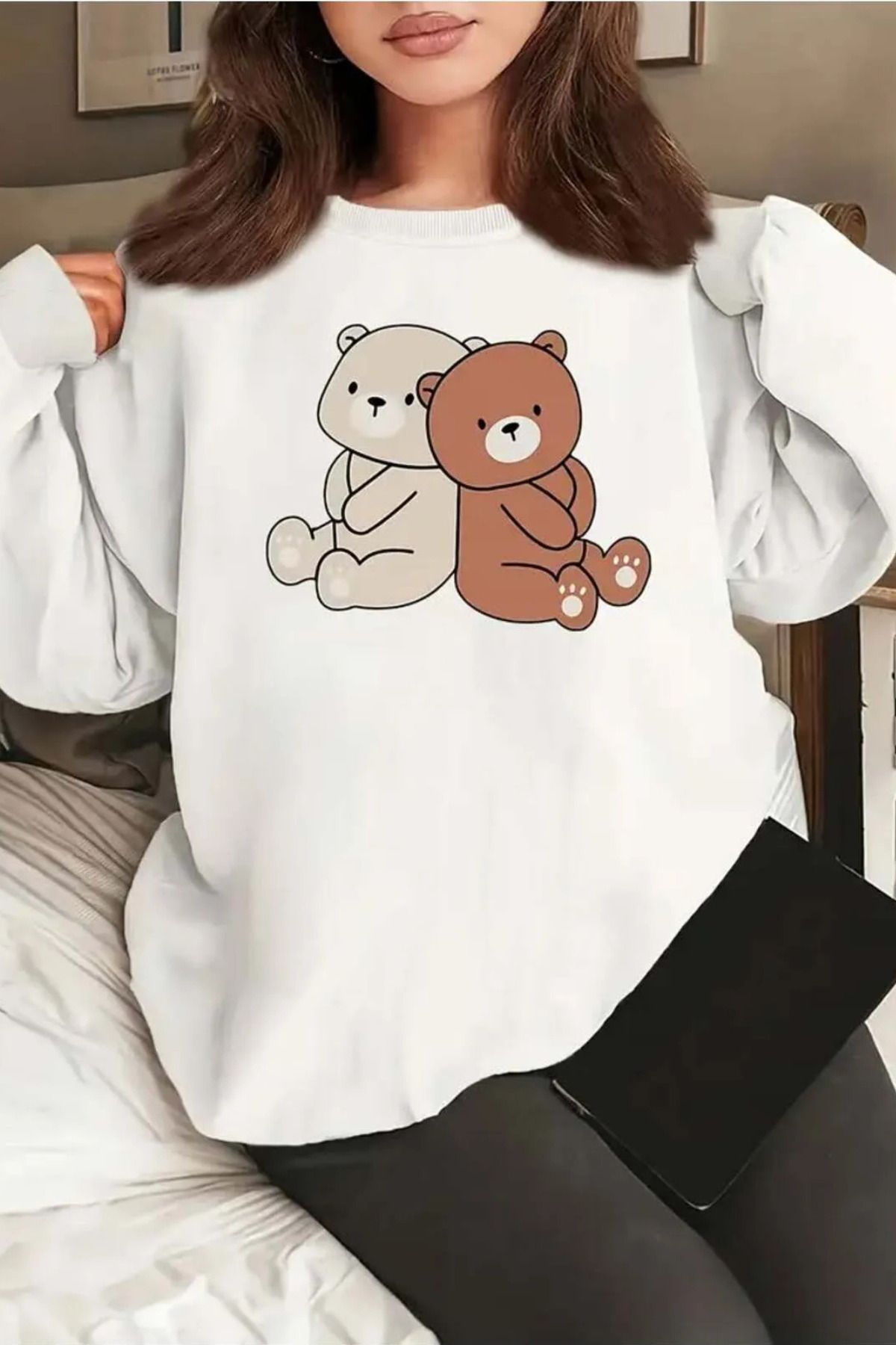 FECCY Pamuklu Kadın için Rahat Bisiklet Yaka Çift Ayı Baskılı Sweatshirt SonbaharKış Sezonu  Rahat Stil