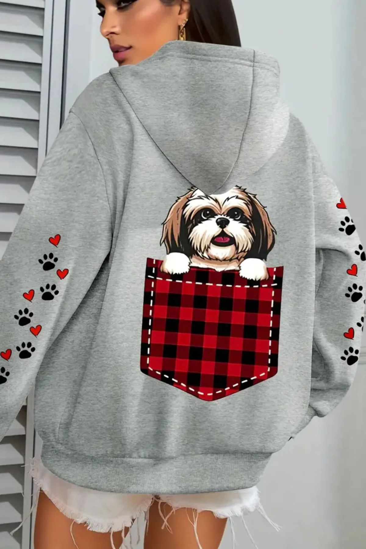 Wish BF Cute Pet Baskılı Kapüşonlu Sweatshirt Hoodi