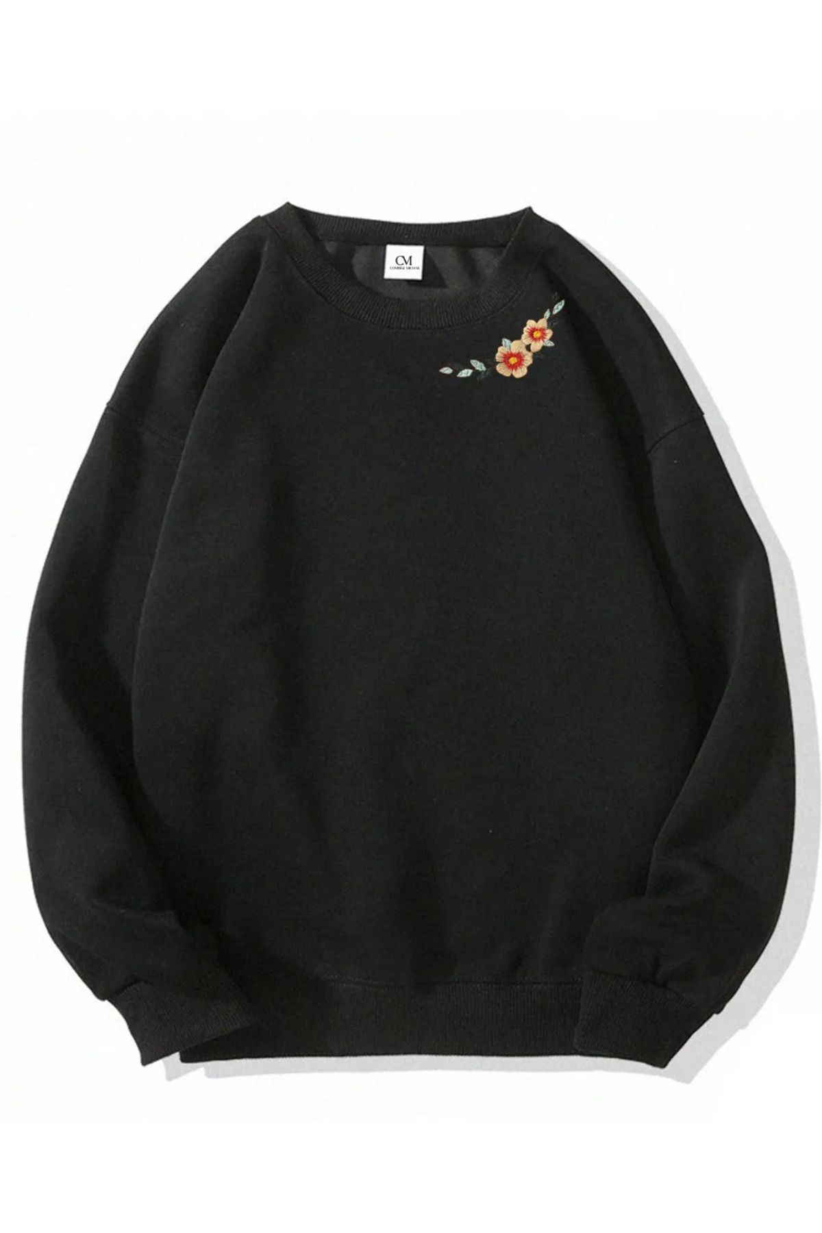 FECCY Pamuklu Kadın Çiçek Baskılı İşlemeli Uzun Kollu Sweatshirt