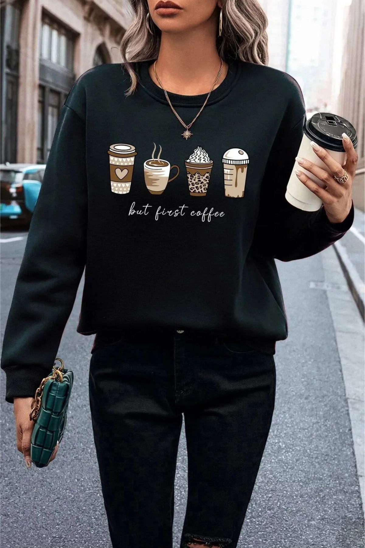 FECCY Pamuklu Kadın Siyah Coffe Baskılı Oversize Sweatshirt