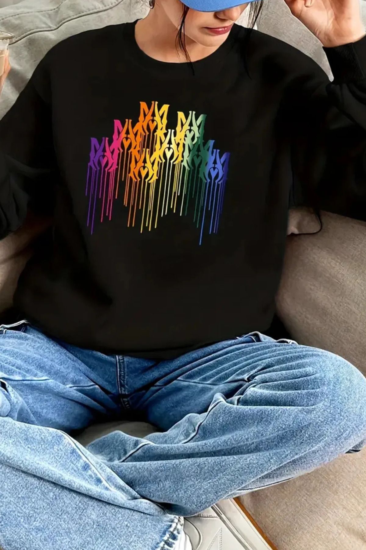 FECCY Pamuklu Kadınlar İçin Harf Desenli Kapüşonlu Sweatshirt