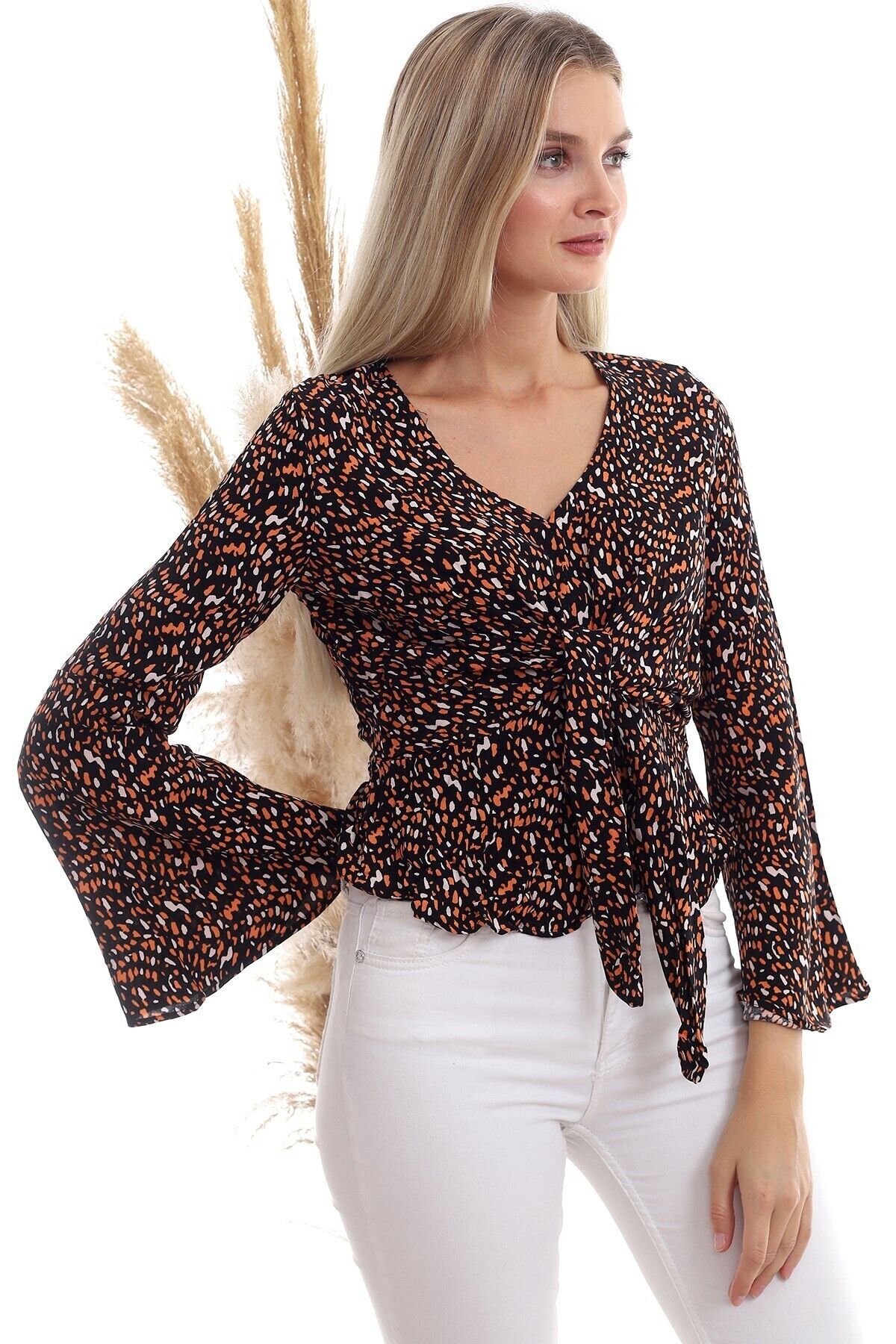 Cotton Mood-20333372 نمط الفيسكوز - بلوزة برتقالية سوداء مع ربطة عنق منتفخة 4