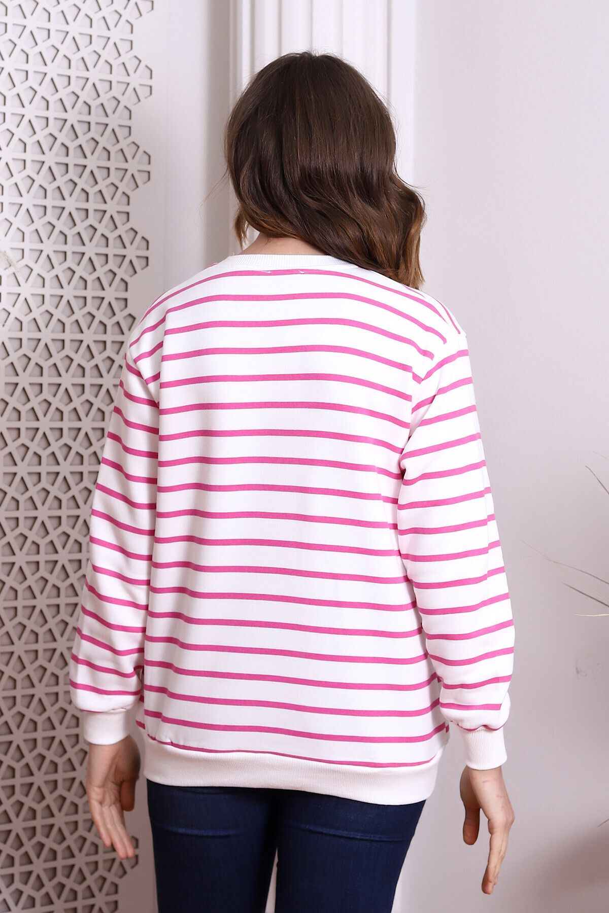 Cotton Mood-22434188 Three Thread Striped Sweatshirt Ecru Pink 4