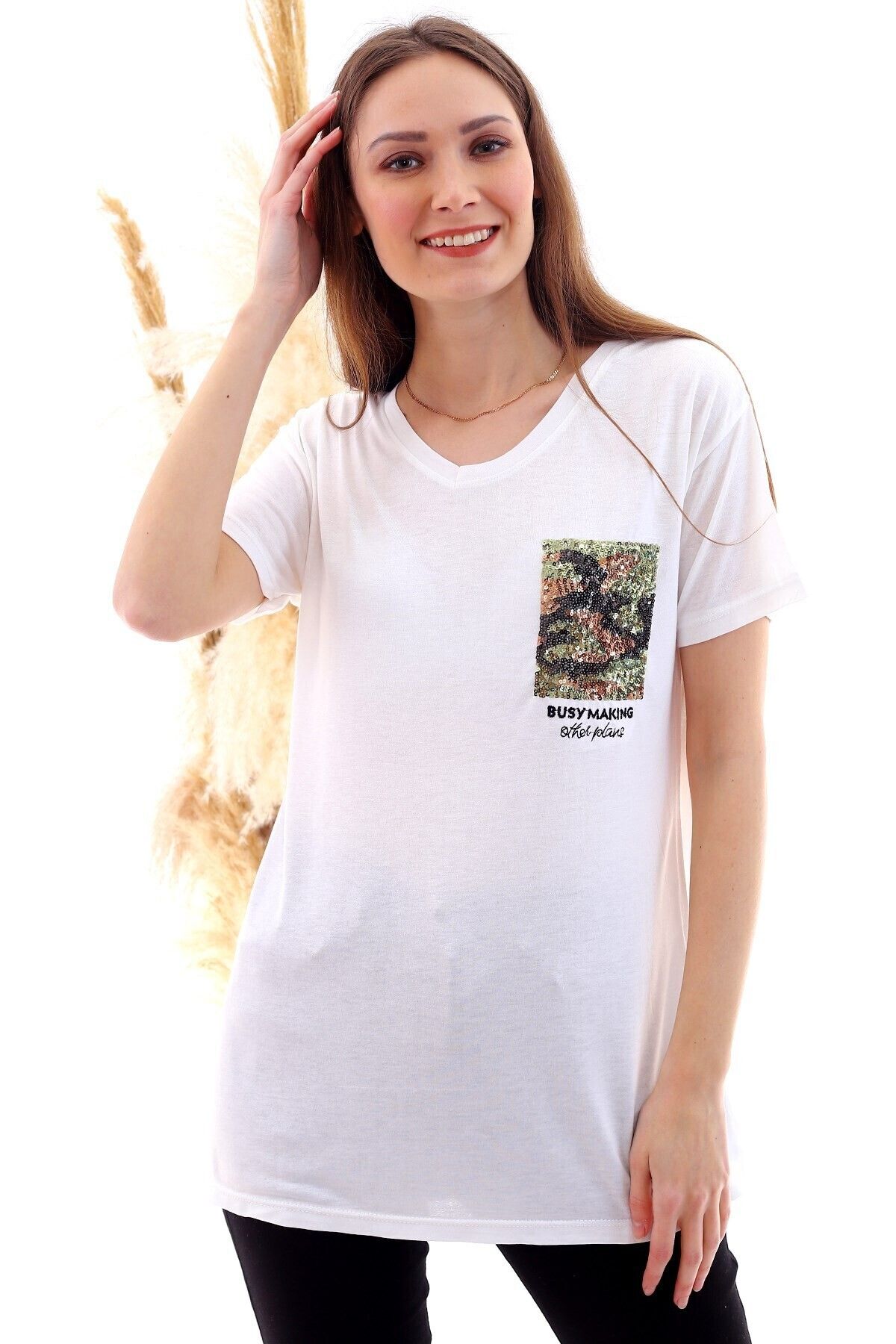 Cotton Mood 20050507 Süprem Pul Payet Cpli V Yaka Tişort Ekru