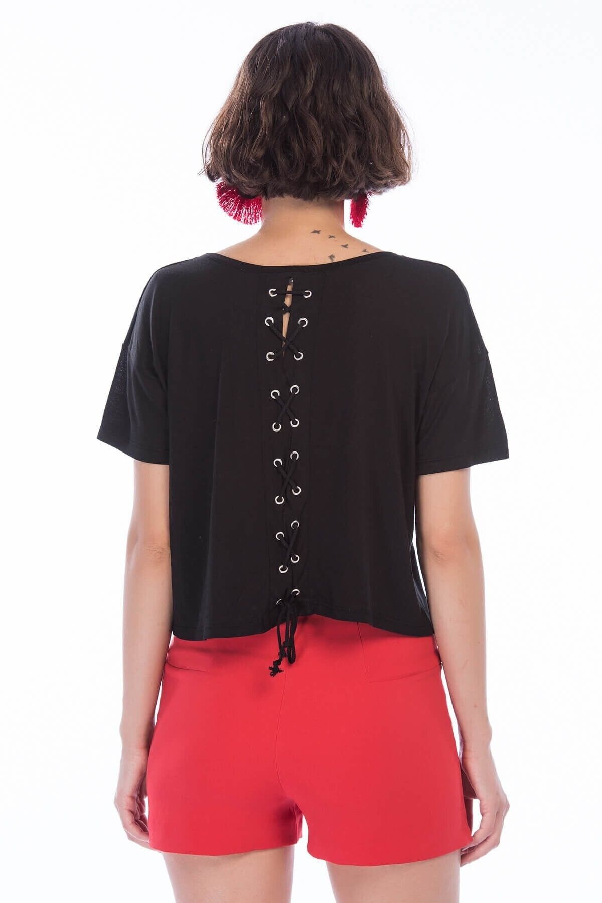 Cotton Mood-8311301 Short Sleeve T-shirt with Eyelet Lace Detail on the Back Black 7