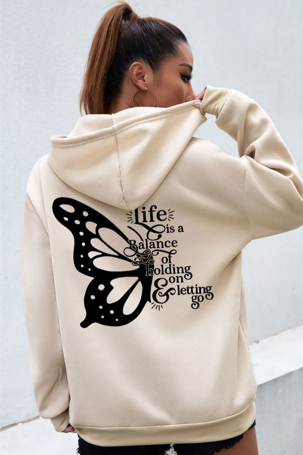 FECCY Pamuklu Life Baskılı Kapüşonlu Sweatshirt Hoodie