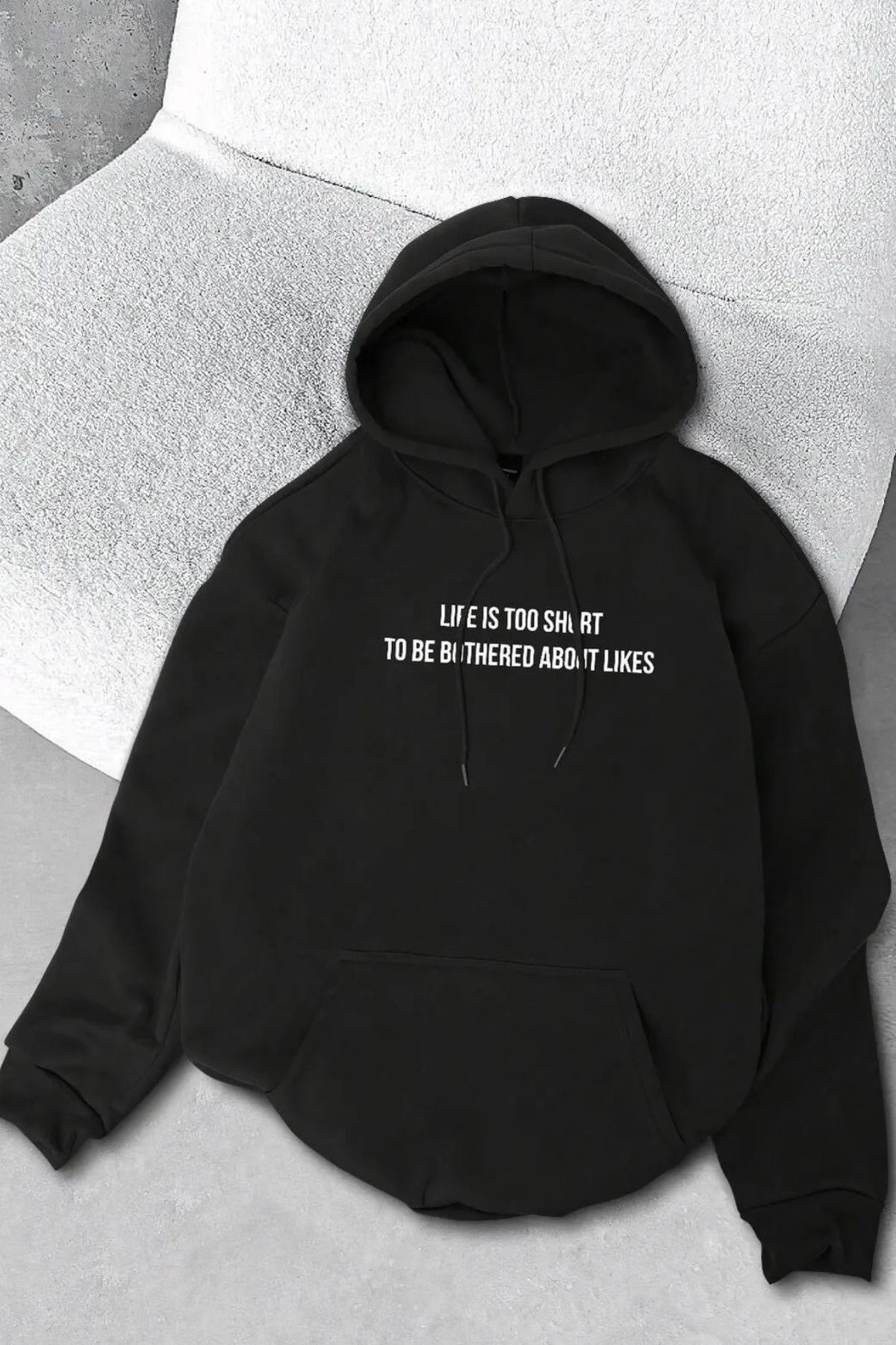 FECCY Pamuklu life is too short Baskılı siyah Kapüşonlu Sweatshirt Hoodie