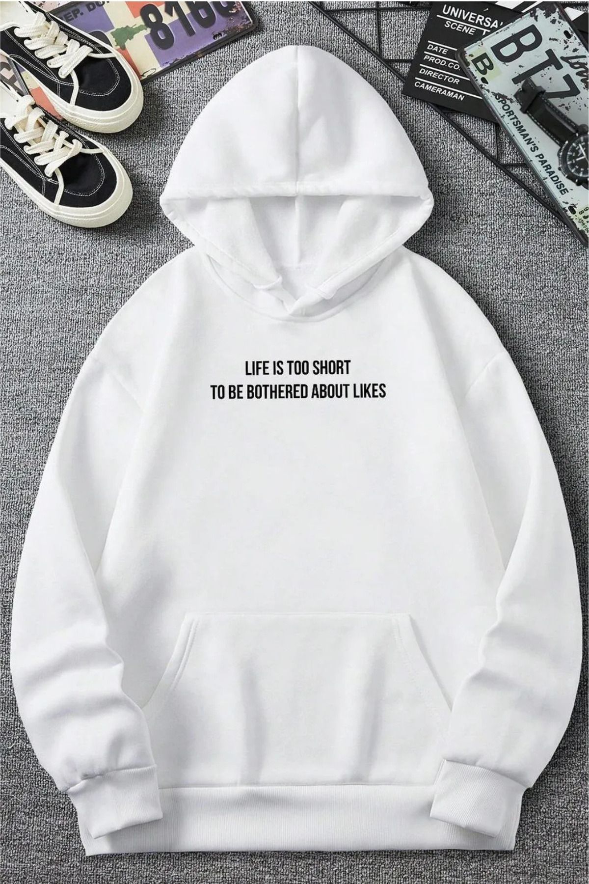 FECCY Pamuklu life is too short Baskılı Beyaz Kapüşonlu Sweatshirt Hoodie