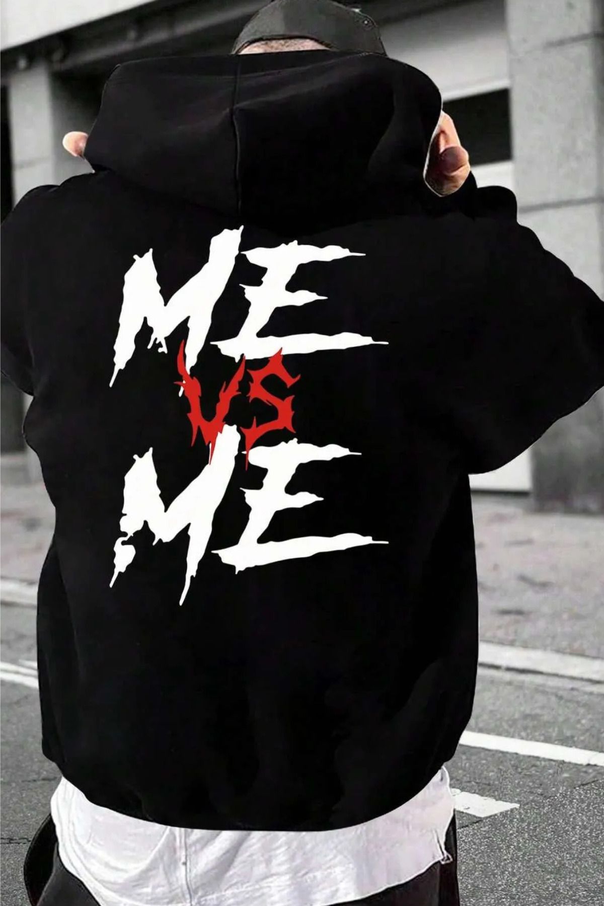 FECCY Pamuklu ME VS ME ön arka baskılı siyah oversize kapşonlu sweatshirt hoodie