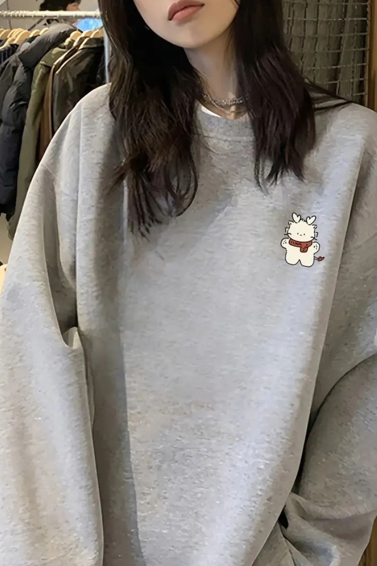 Wish BF Kadın Gri Figür Peluş Baskılı Bisiklet Yaka Sweatshirt