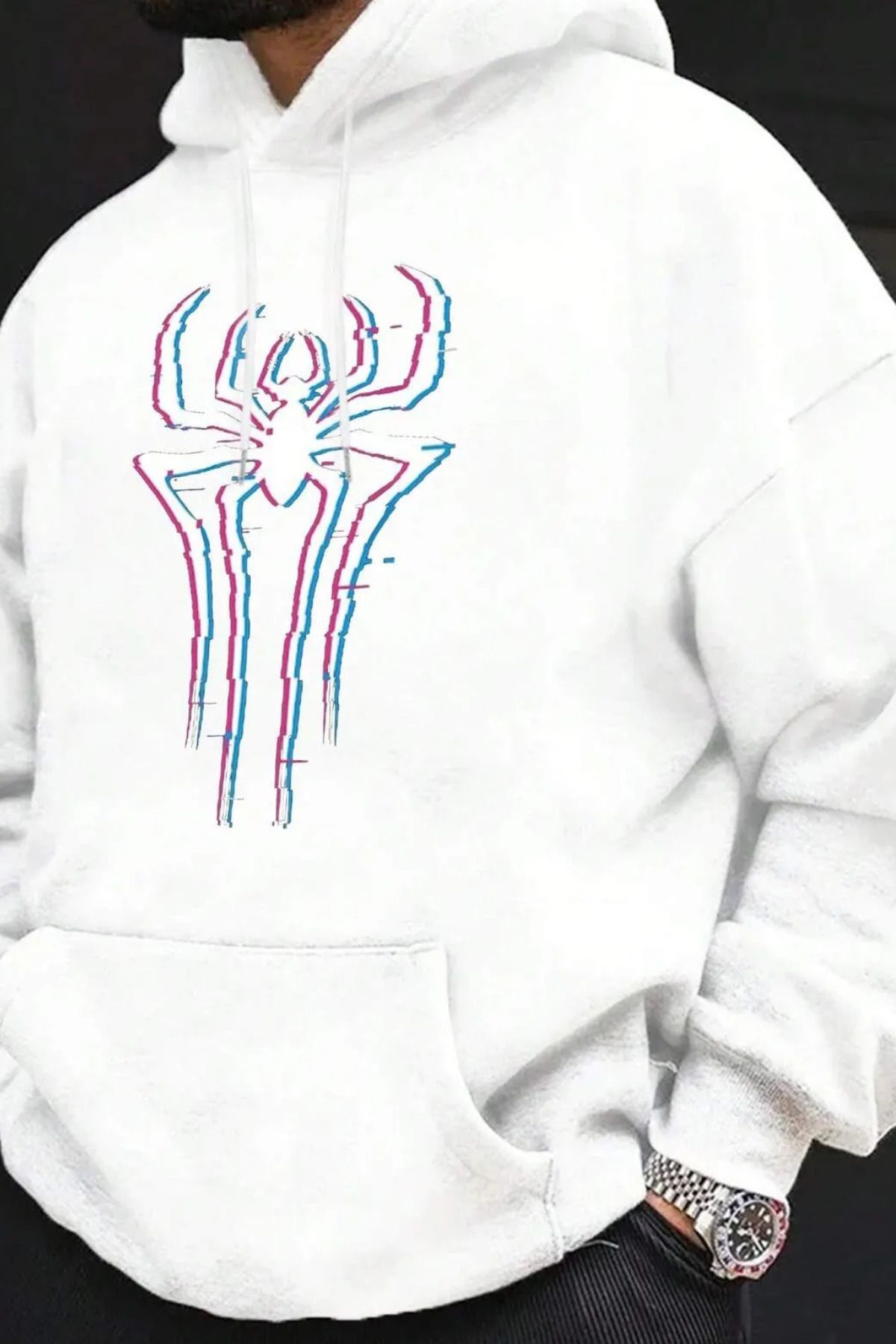 FECCY Pamuklu neon spider örümcek logosu ön baskılı siyah oversize kapşonlu sweatshirt hoodie