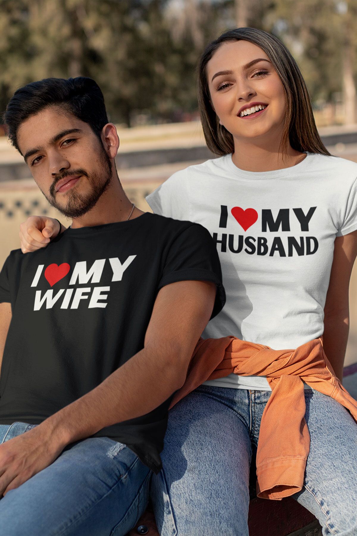 qoeuyl boutique I Love My Wife Husband Baskılı Sevgili Çift Kombin İkili %100 Pamuk Sevgililer Günü Hediye T-Shirt