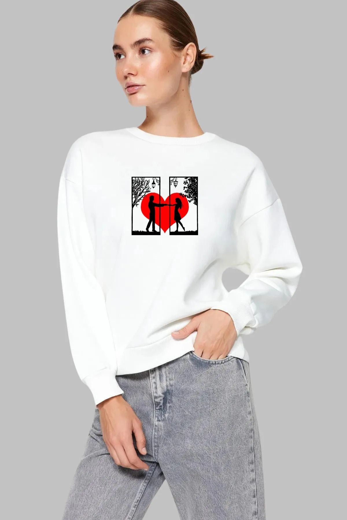 Wish BF Unisex Regular Kesim Uzun Kollu Elele Çift Baskılı Bisiklet Yaka Kapüşonsuz Şardonlu Sweatshirt