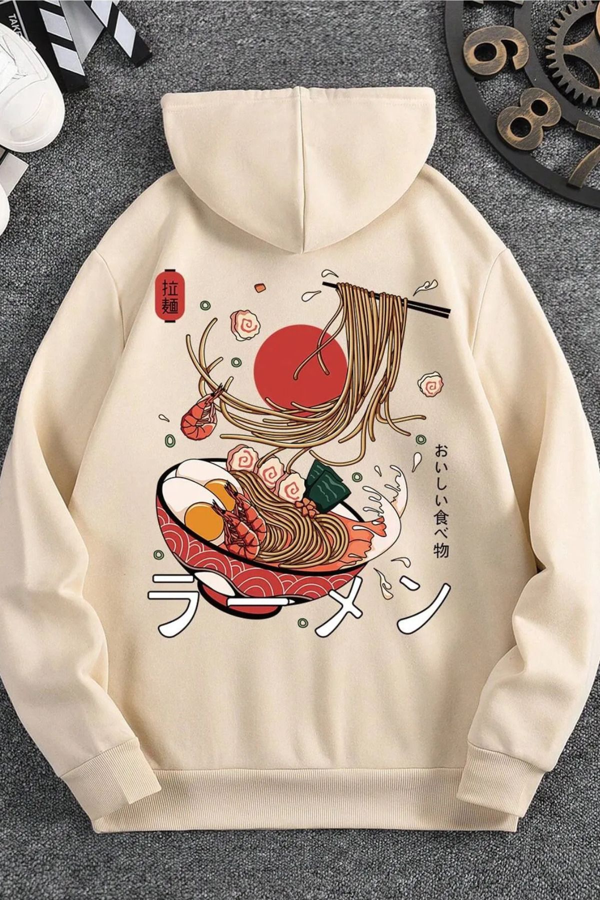 FECCY Pamuklu ramen makarna japan arka baskılı oversize kapşonlu sweatshirt hoodie