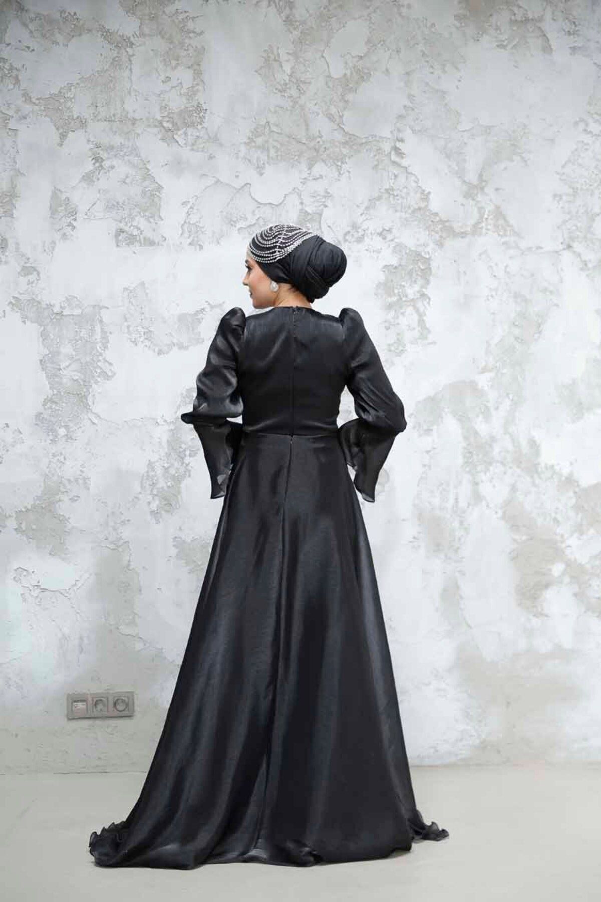 Neva Style-Black Hijab Evening Dress with Tail 4986S 5