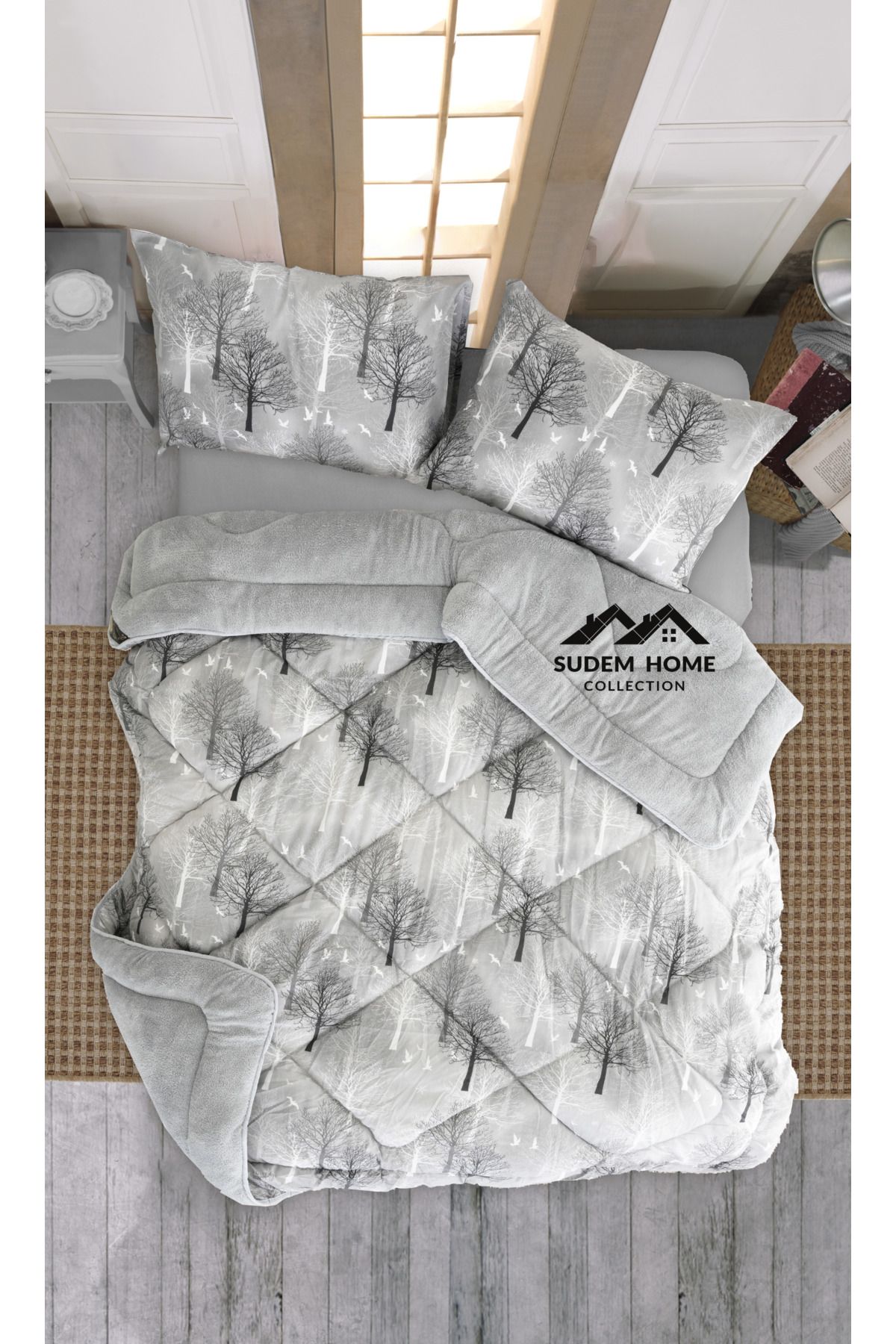 Sudem Home Collection Çift Kişilik Çift Taraflı Wellsoft Yorgan  Polar Pufidik Yorgan Seti Gri Ağaç