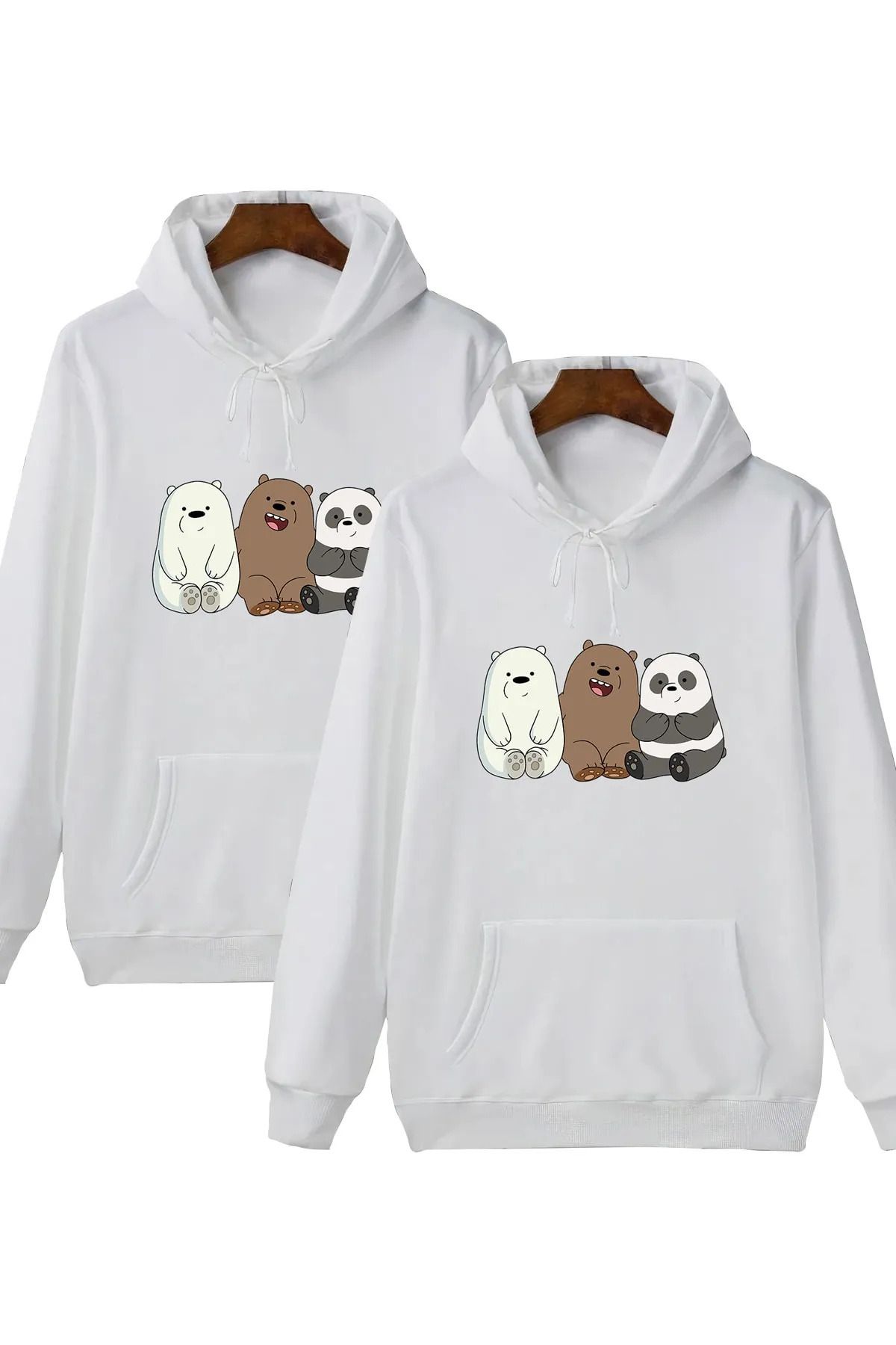 Wish BF Unisex Kafadar Ayılar Baskılı Kapüşonlu Sweatshirt 2'li Set Sevgili Arkadaş Çift Kombini