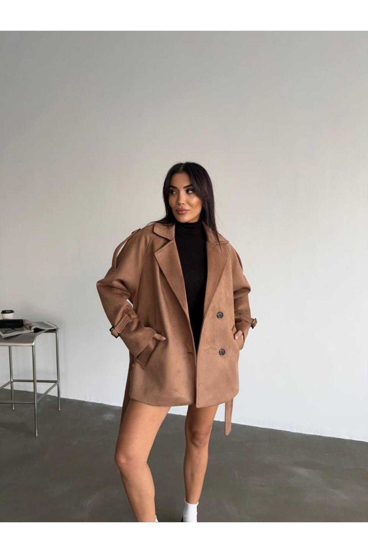 BUTİK ELAJ-Women's Brown Scuba Suede Belted Jacket 5