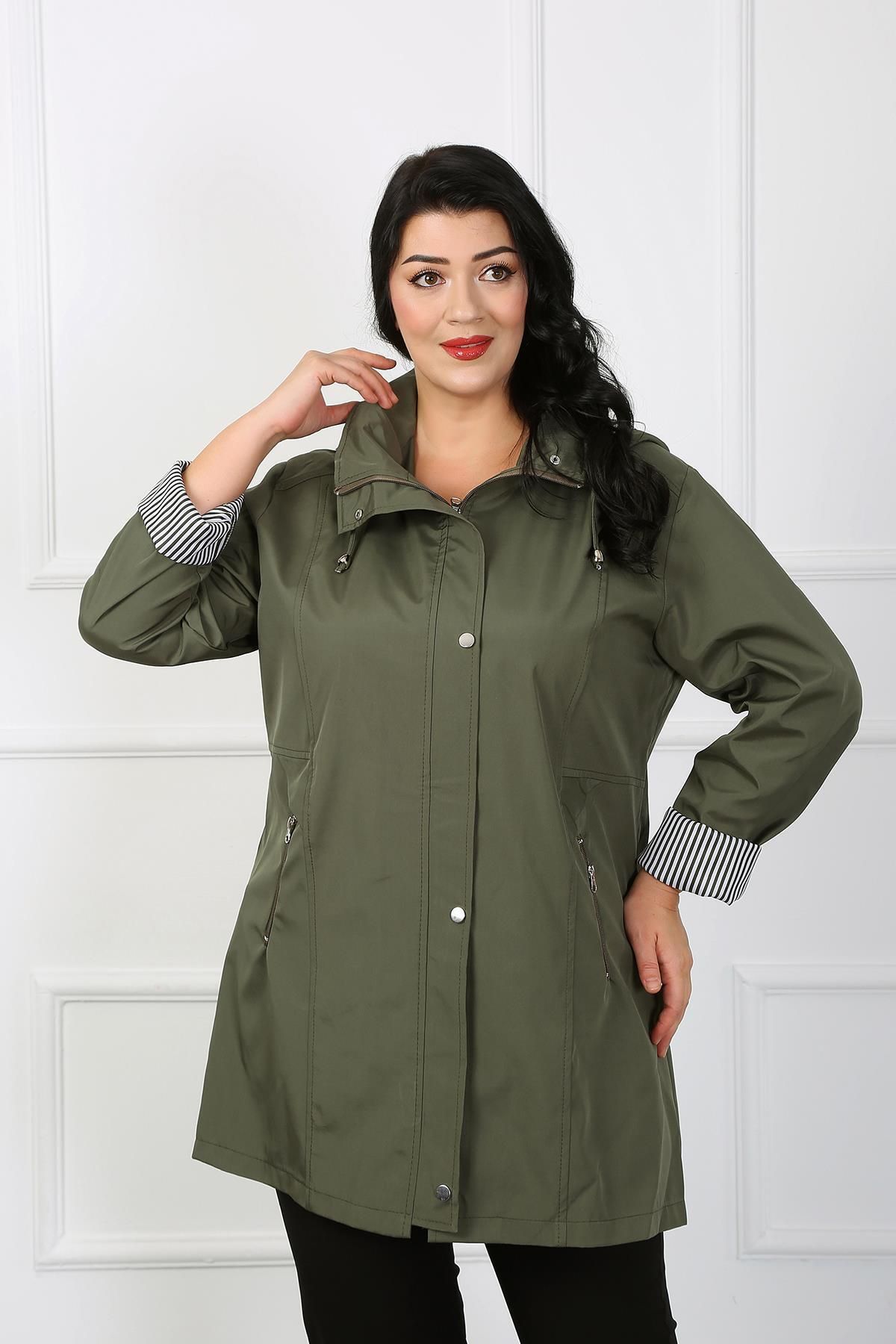 By Alba Collection-Women's Khaki Striped Plus Size Trench Coat 4