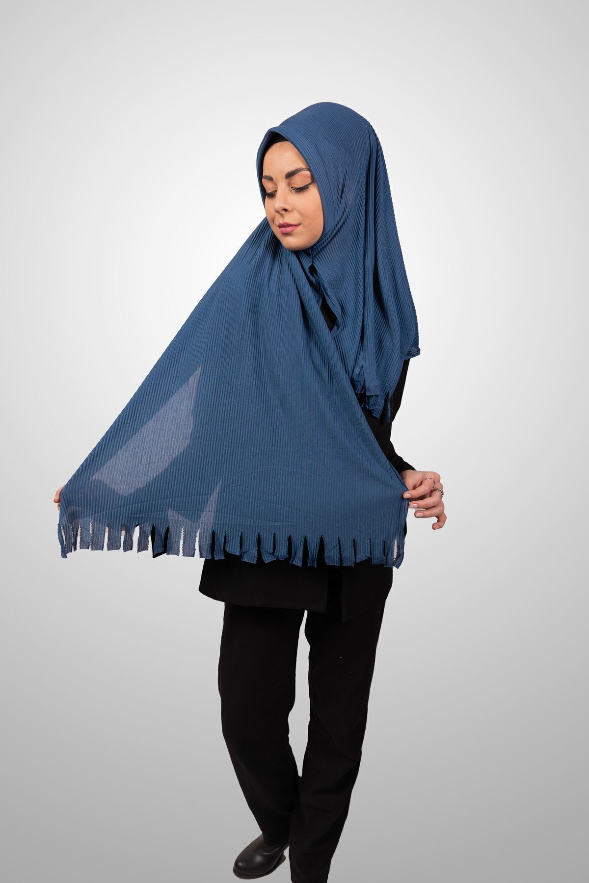 Şalcenneti.com-Organic Denim Color Sponge Practical Pleated Shawl - Ready Plug-In Model 5
